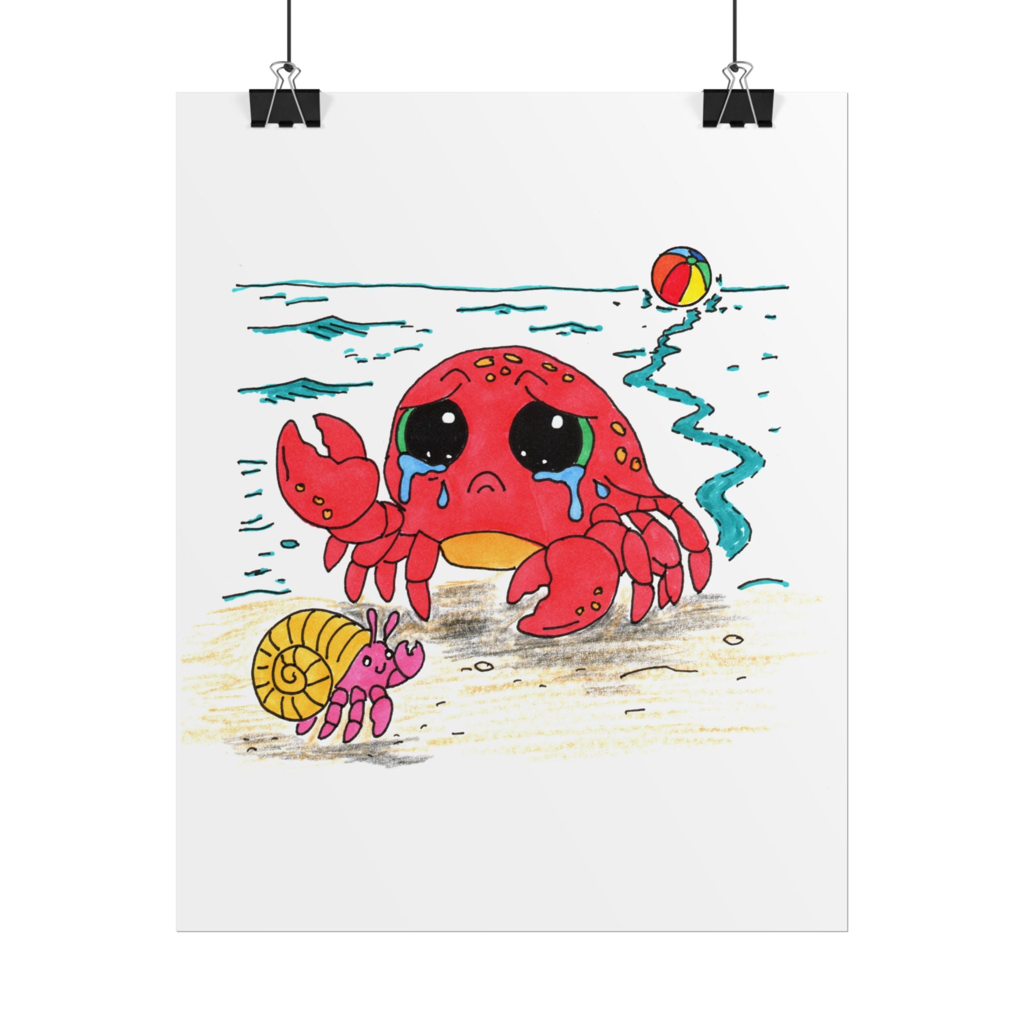 Crab - Sad Crab Finds a New Friend Print, Hand Drawn Crab Wall Art, Beach Friendship Decor, Whimsical Ocean Animal Illustration