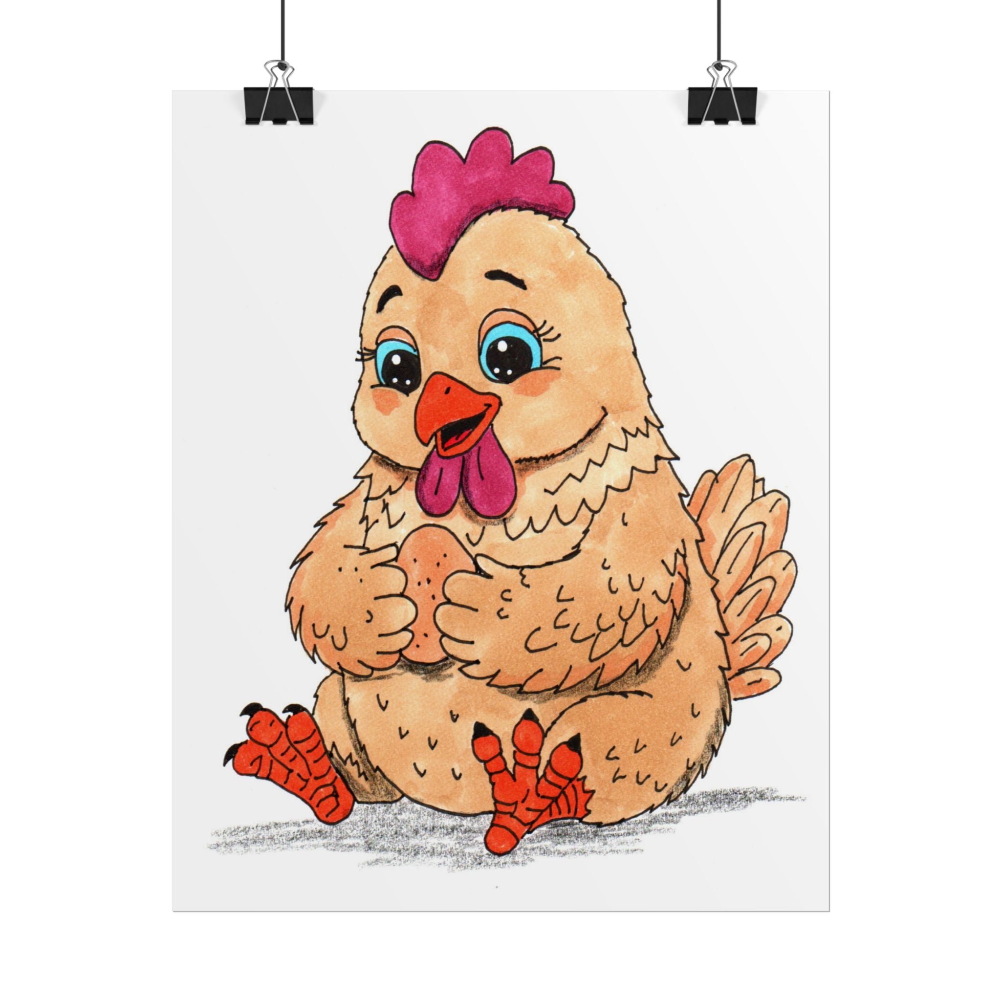 Hen Found Her Egg Print, Hand Drawn Chicken Wall Art, Farm Animal Nursery Decor, Happy Hen Illustration