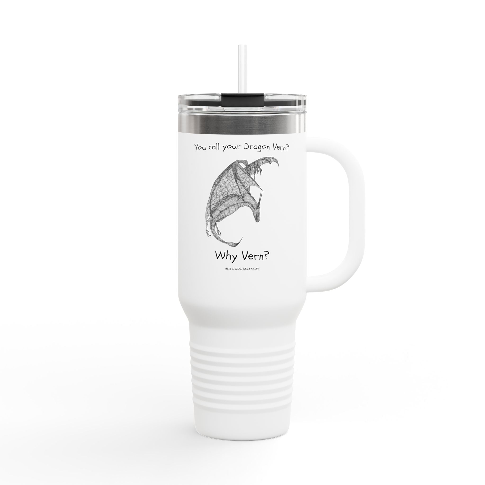 Wyvern Travel Mug | “You Call Your Dragon Vern?” | Hand-Drawn Fantasy Art by Robert Trumble
