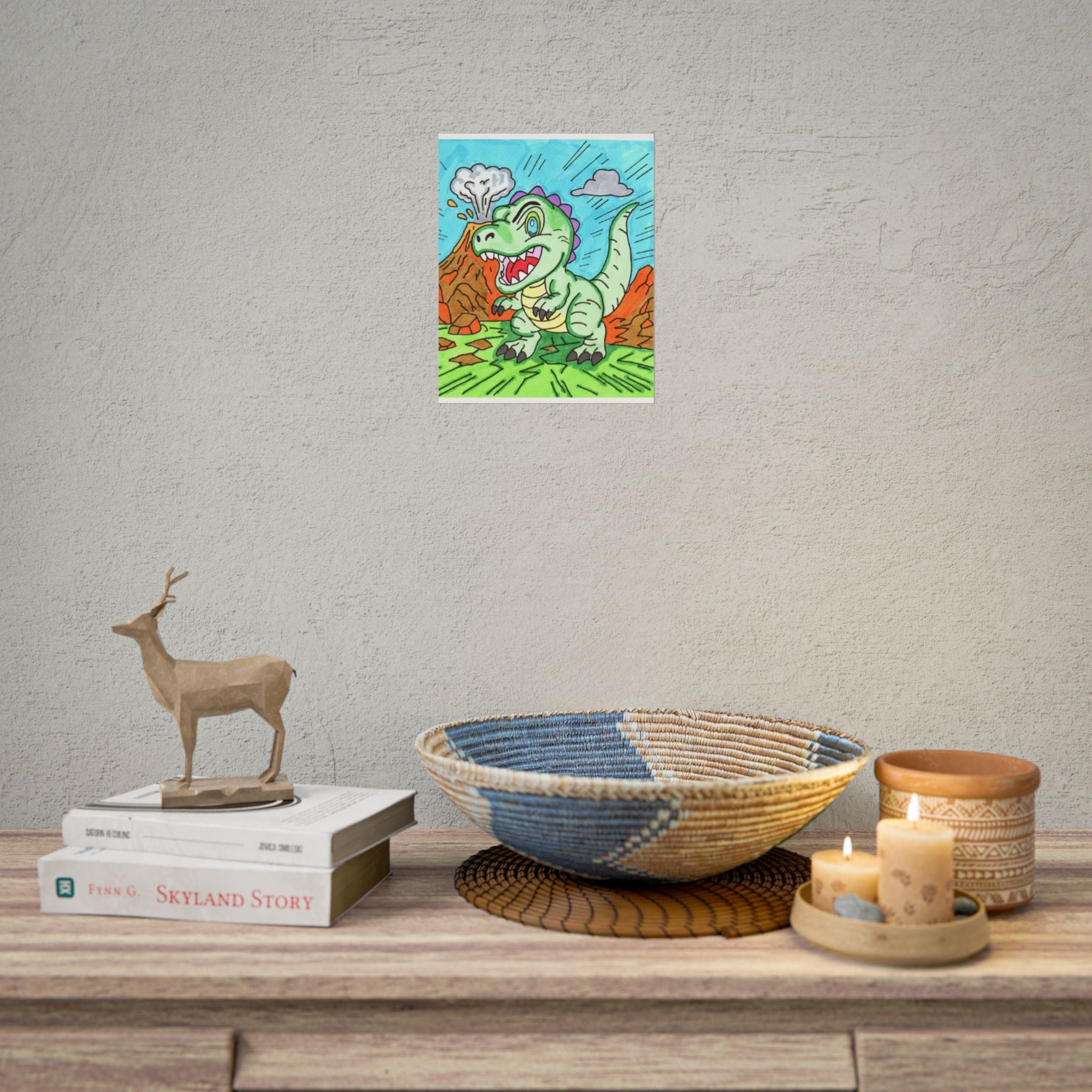 Cute T-Rex Volcano Print, Hand Drawn Dinosaur Wall Art, Dinosaur Nursery Decor, Kids Room Artwork, Colorful Dino Illustration