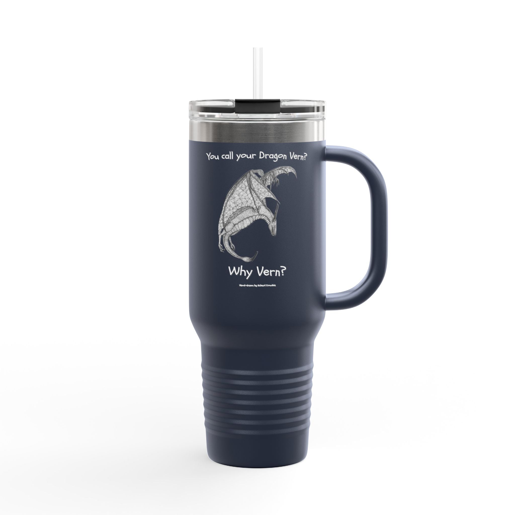 Wyvern Travel Mug | “You Call Your Dragon Vern?” | Hand-Drawn Fantasy Art by Robert Trumble