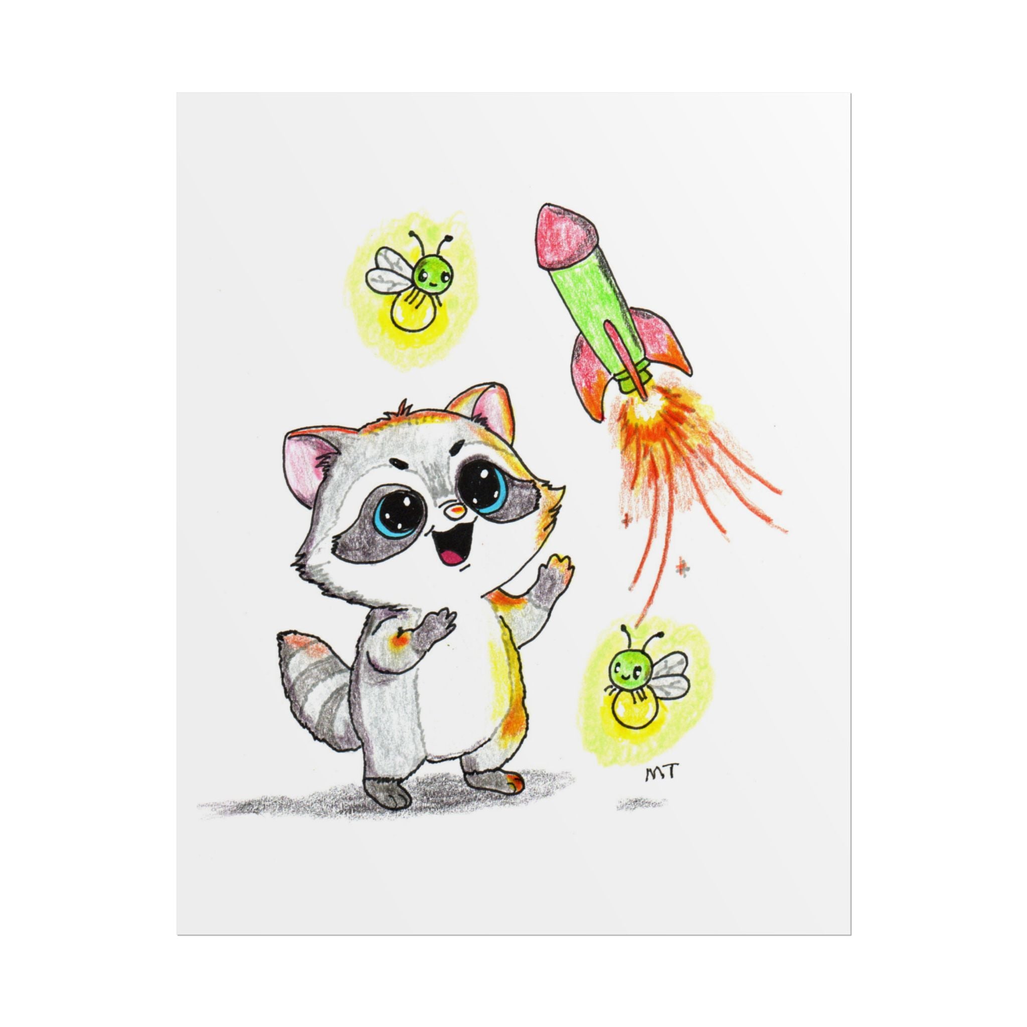 She Found Her Rocket Flame | Happy Raccoon Art Print | Hand Drawn Woodland Wall Decor
