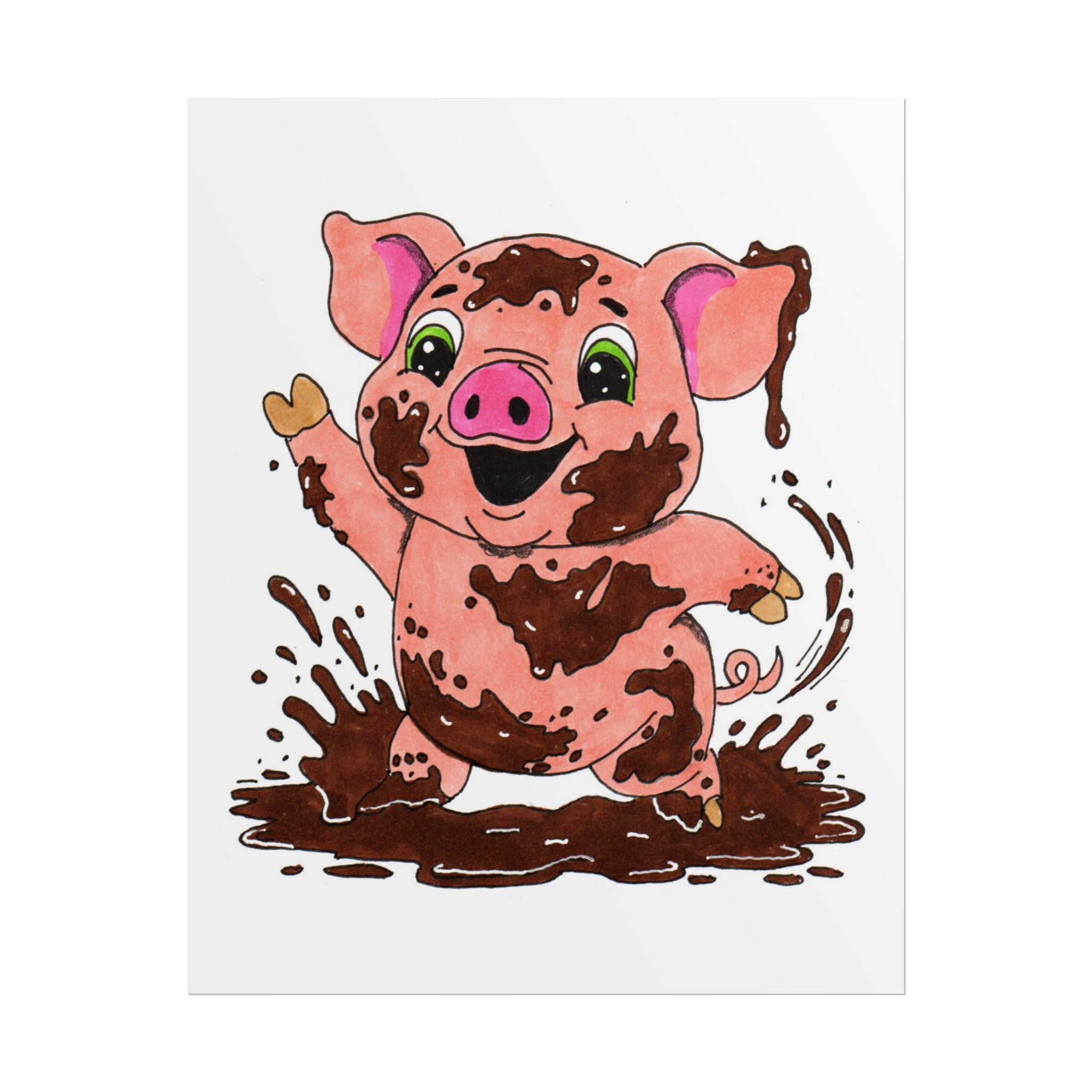 Hand Drawn Pig Found Mud Print, Cute Farm Animal Wall Art, Happy Pig Illustration, Nursery Decor, 8x10 Children's Room Art