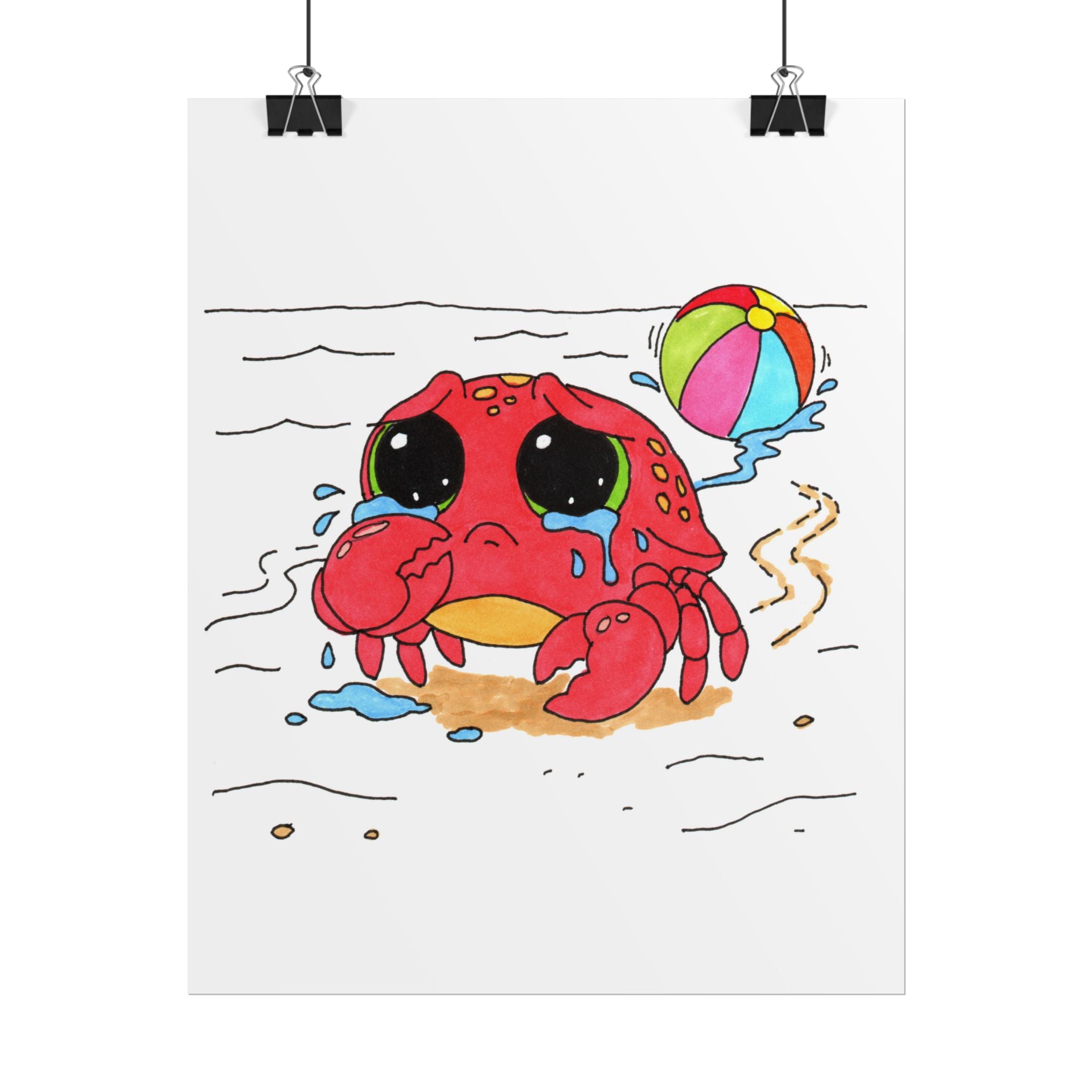 Crab - Sad Crab Lost Her Ball Print, Hand Drawn Crab Wall Art, Whimsical Nursery Decor, Woodland Animal Illustration
