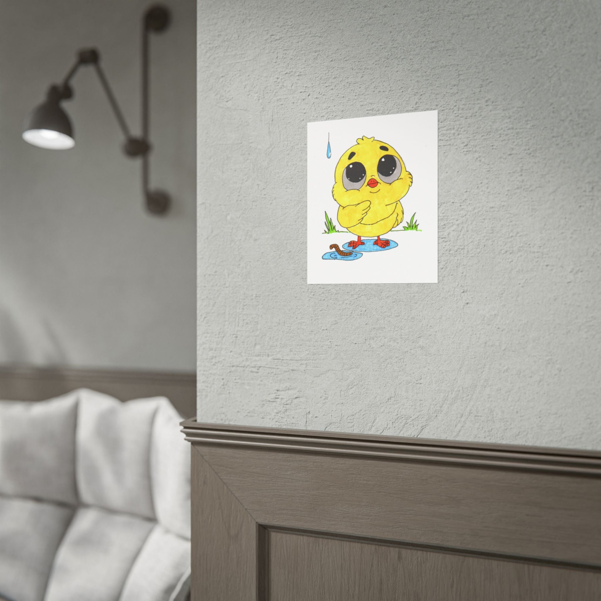 Pondering Chick in the Rain Poster, Nursery Wall Art, Cute Animal Illustration Print
