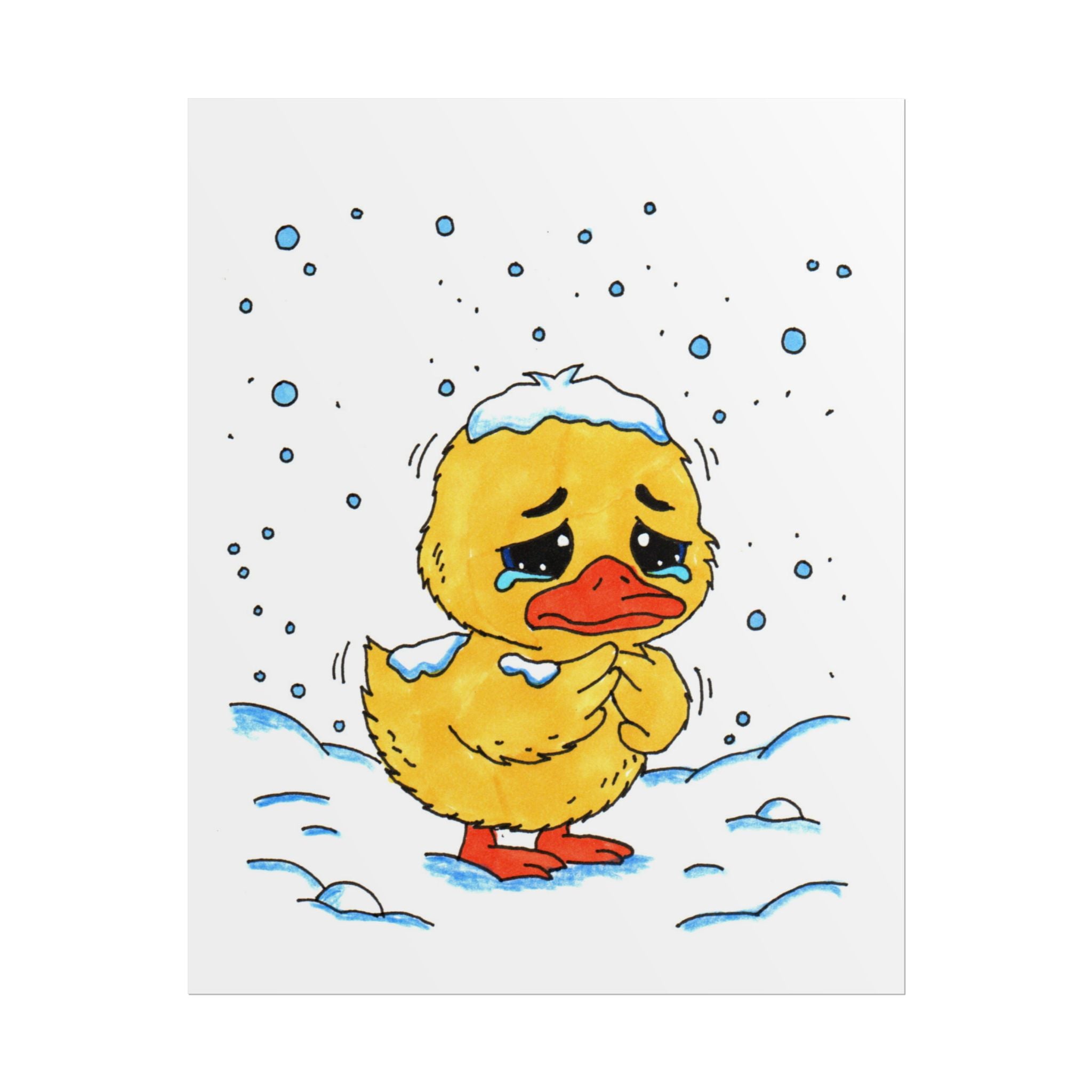 Cold Duckling in the Snow Print, Sad Winter Duck Wall Art, Hand Drawn Nursery Decor, Whimsical Animal Illustration
