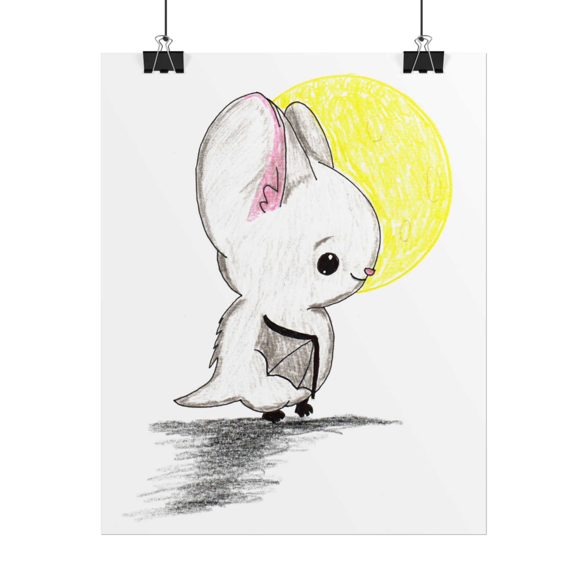 Bat in Moonlight Print, Cute Bat Wall Art, Hand Drawn Nursery Decor, Whimsical Animal Illustration
