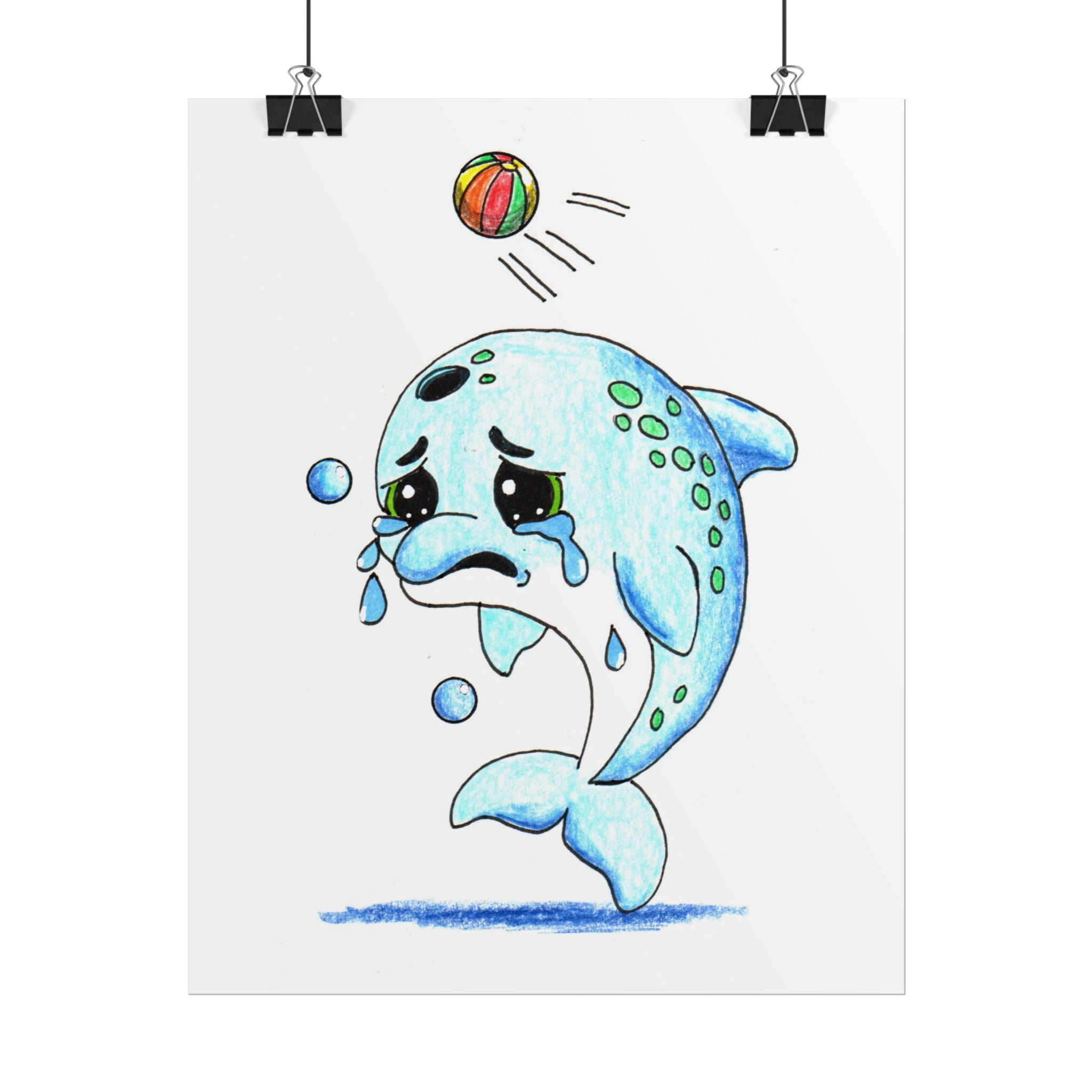 Sad Dolphin Lost Her Beach Ball Print, Hand Drawn Dolphin Wall Art, Ocean Nursery Decor, Cute Sea Animal Illustration