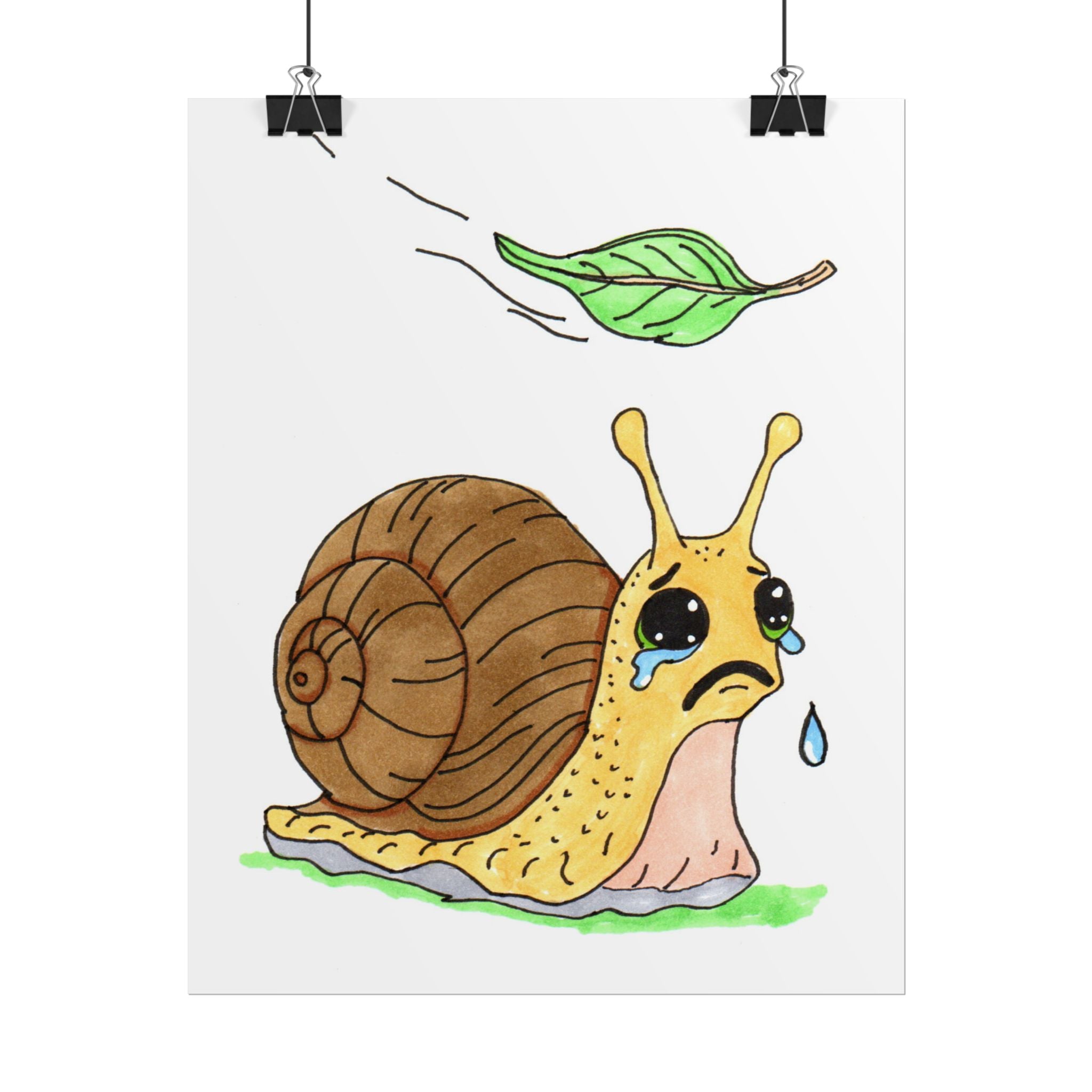Sad Snail Lost Her Leaf Print, Hand Drawn Snail Wall Art, Whimsical Garden Decor, Cute Nature Illustration, Lost & Found Critter