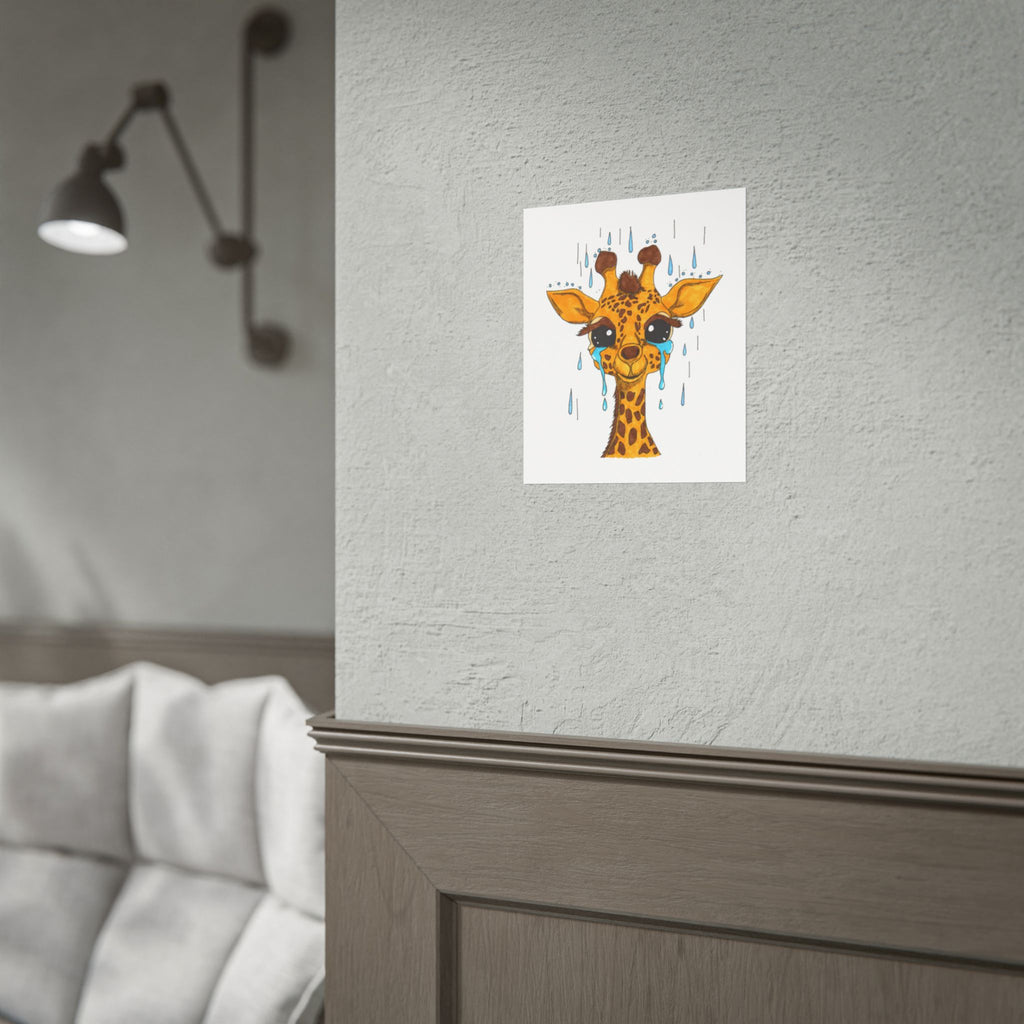 Sad Giraffe in the Rain Poster, Nursery Wall Art, Cute Animal Illustration Print