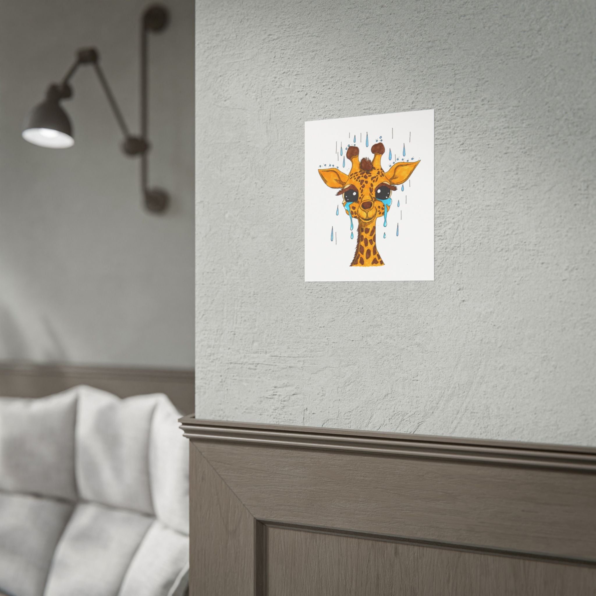 Sad Giraffe in the Rain Poster, Nursery Wall Art, Cute Animal Illustration Print
