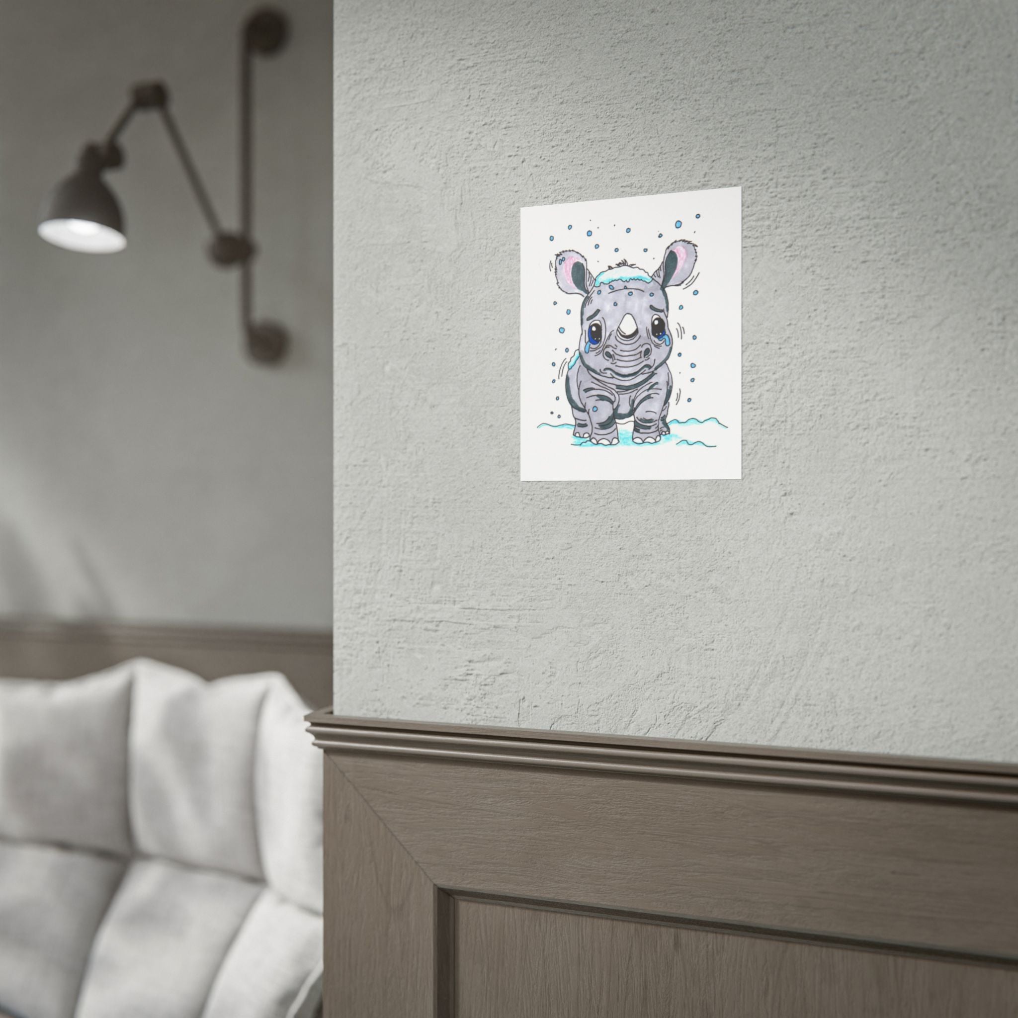 Sad Rhino in the Snow Poster, Nursery Wall Art, Cute Animal Illustration Print