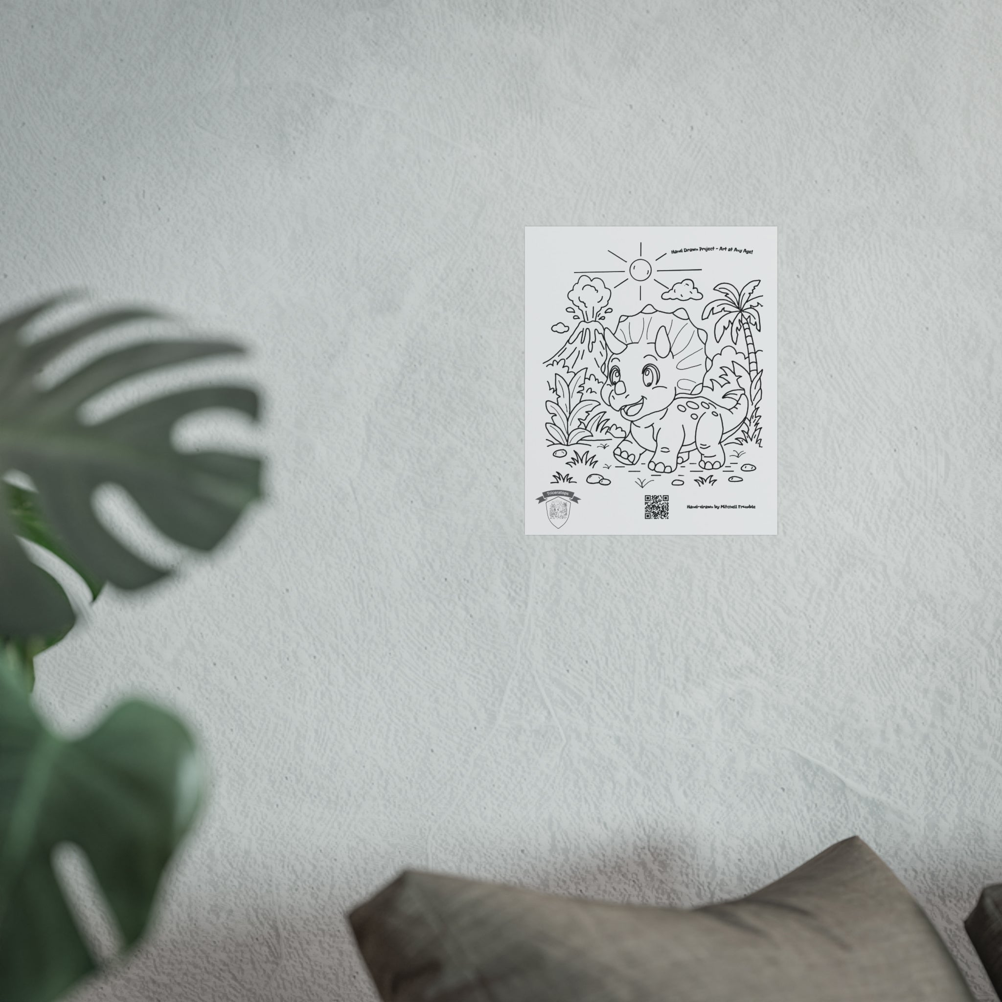 Triceratops Poster | Hand-Drawn Dinosaur Art with QR Code Video Link