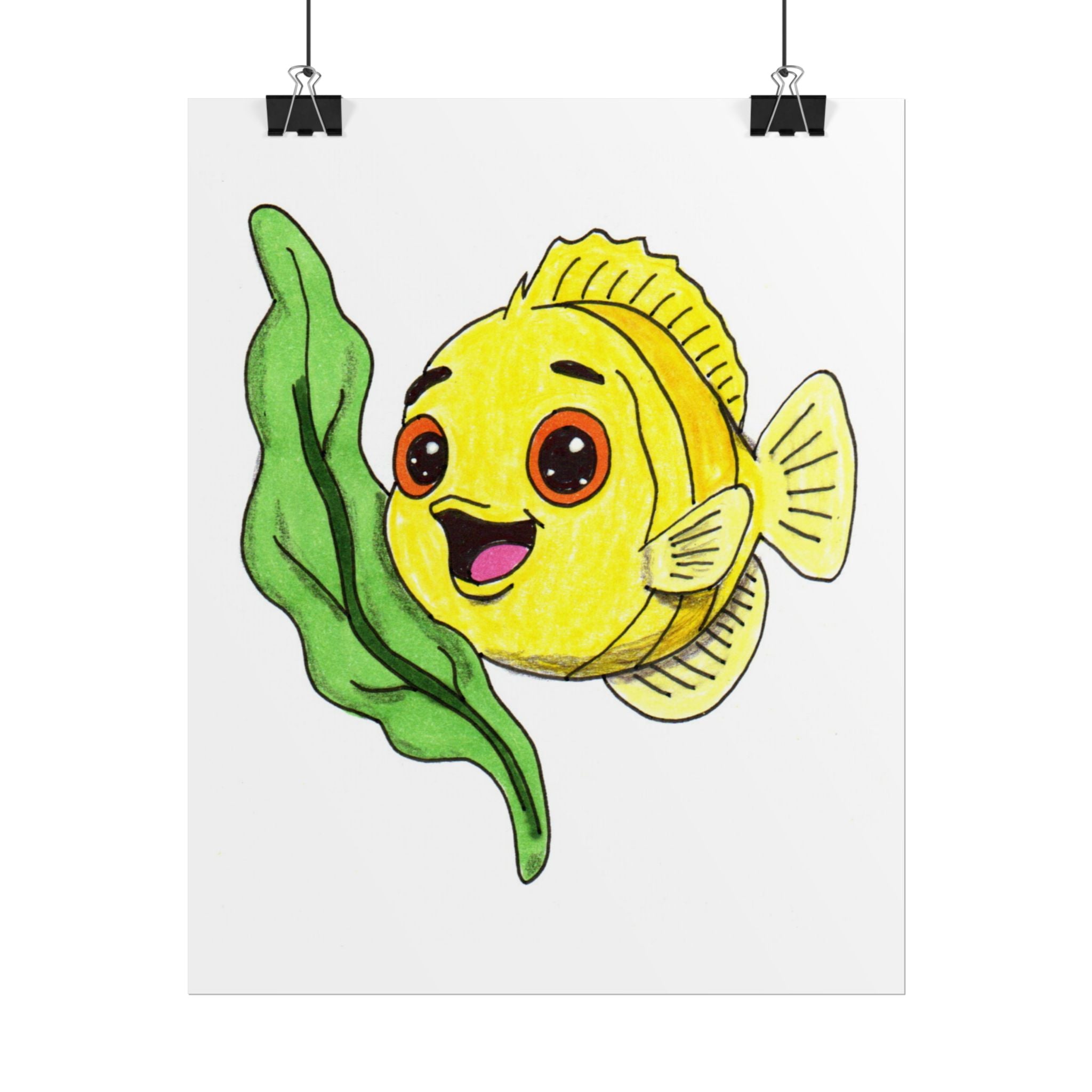 Happy Yellow Fish with Seaweed Print | Cute Hand Drawn Ocean Wall Art