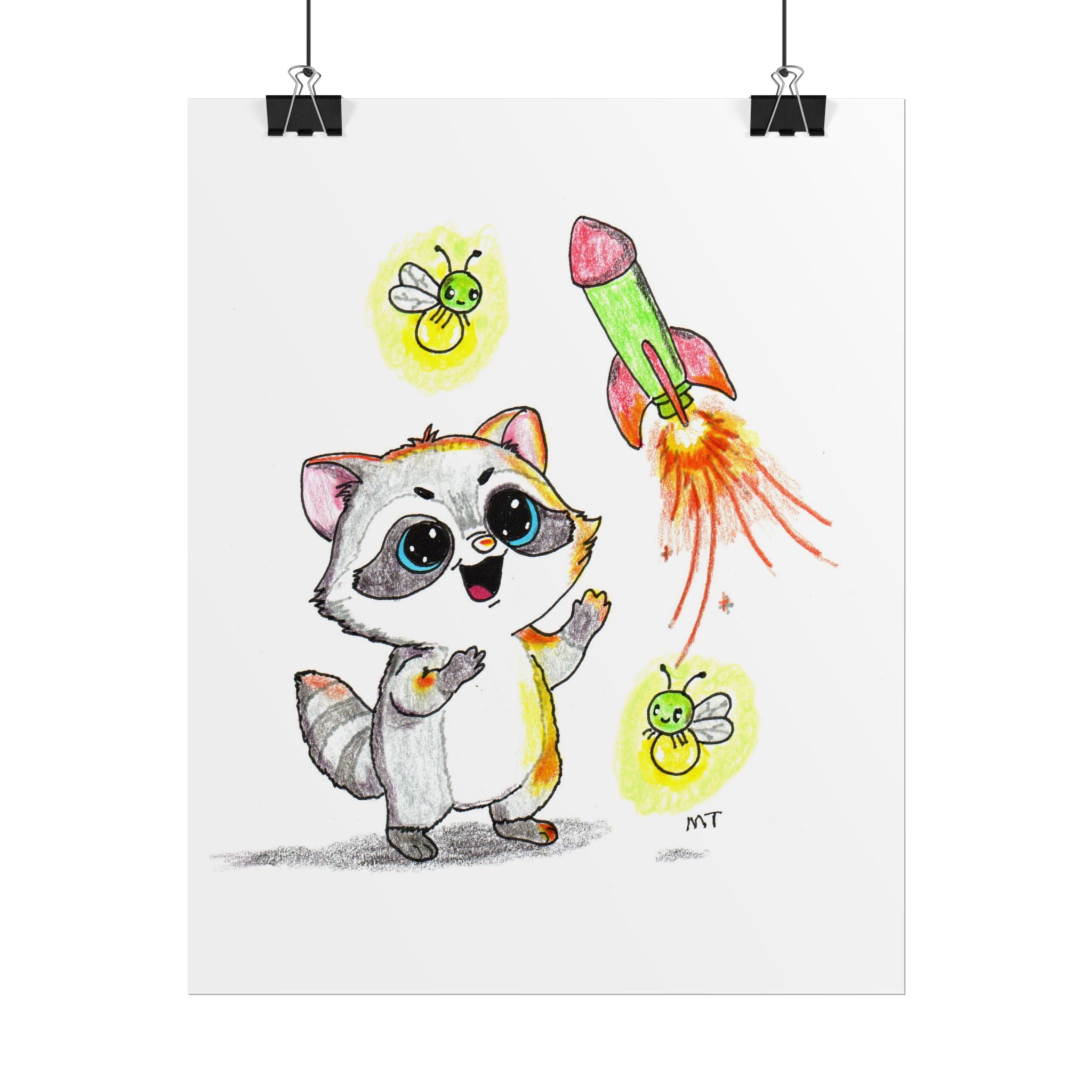 She Found Her Rocket Flame | Happy Raccoon Art Print | Hand Drawn Woodland Wall Decor