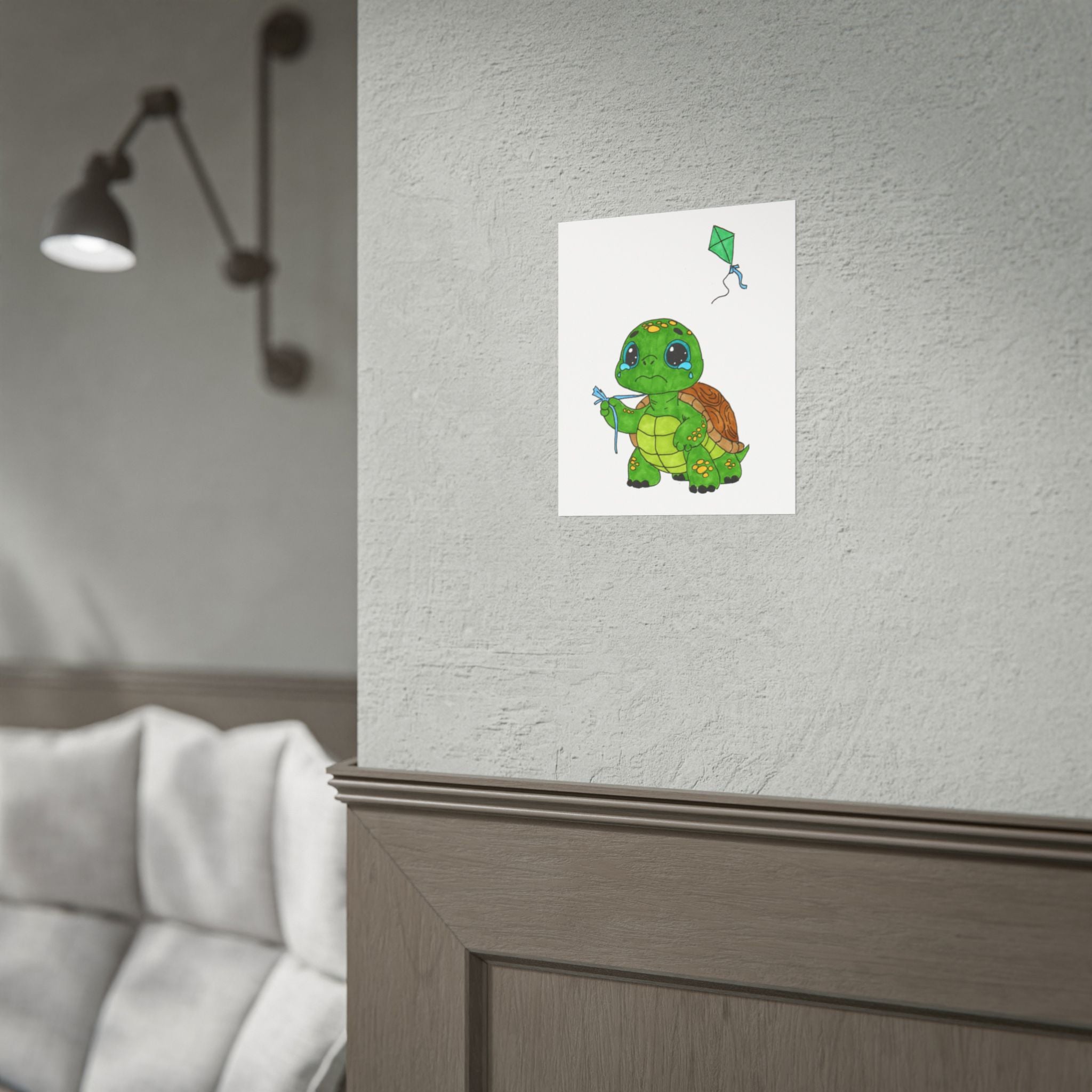Sad Turtle Lost Her Kite Print, Hand Drawn Turtle Wall Art, Whimsical Nursery Decor, Woodland Animal Illustration