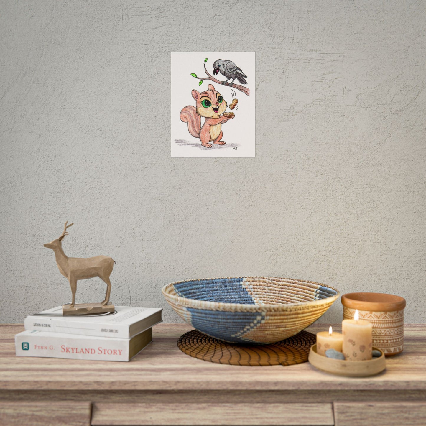 Happy Chipmunk and Crow Peanut Print | Woodland Animal Wall Art
