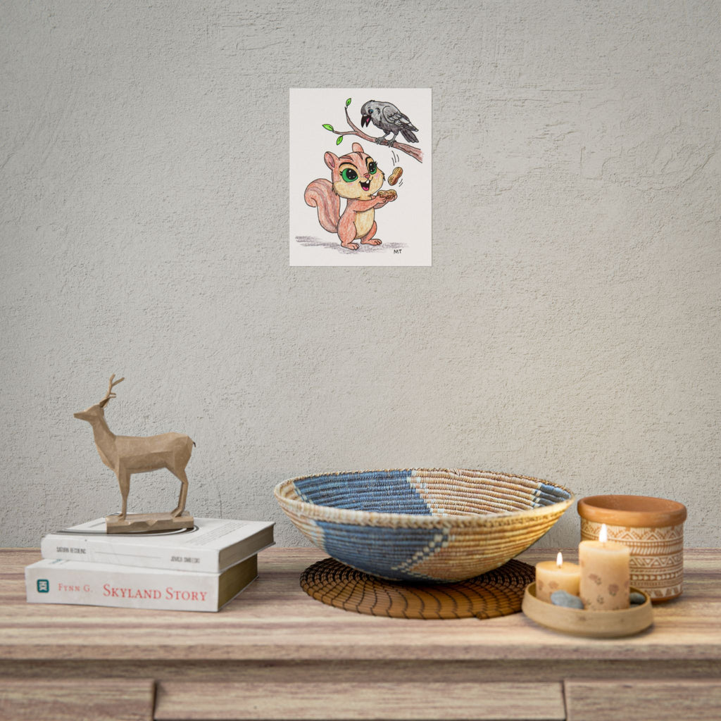 Happy Chipmunk and Crow Peanut Print | Woodland Animal Wall Art
