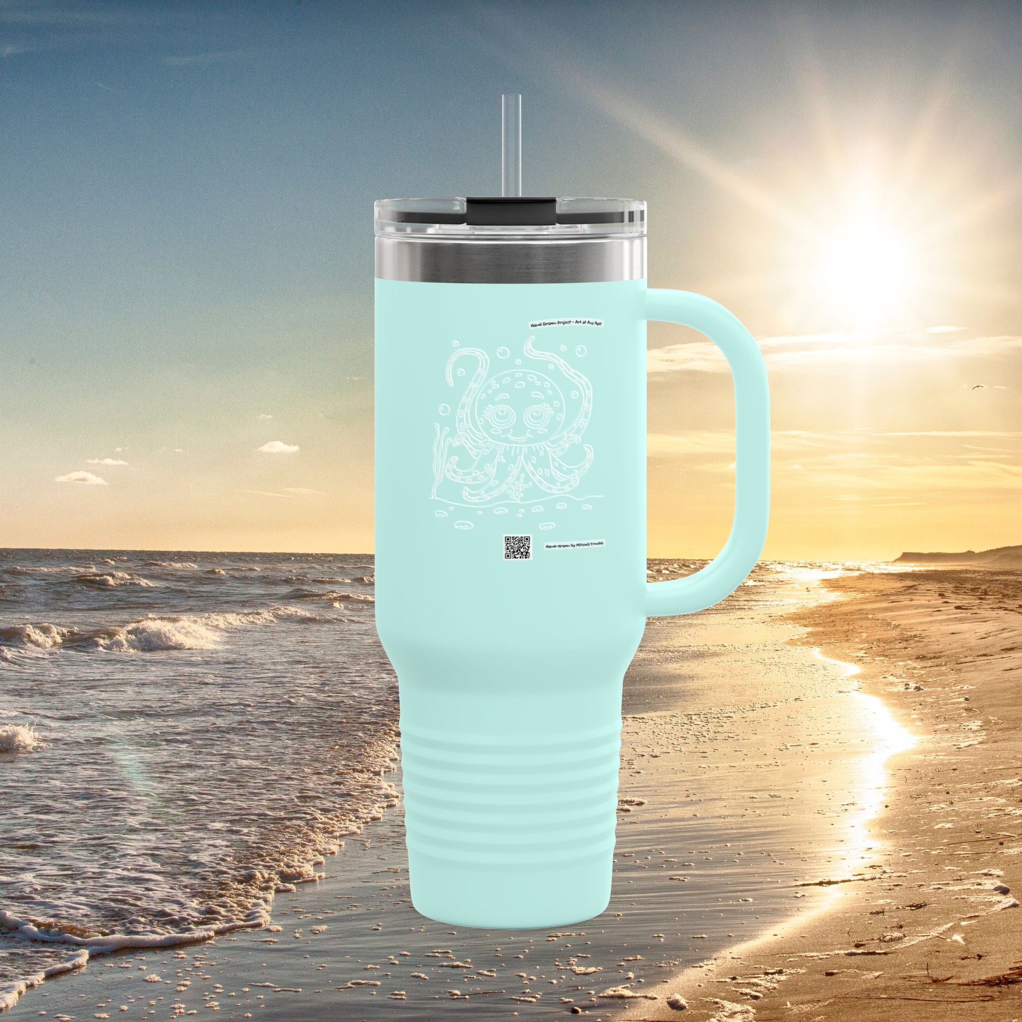 Octopus Travel Mug – Hand-Drawn Logo + Coloring Art QR