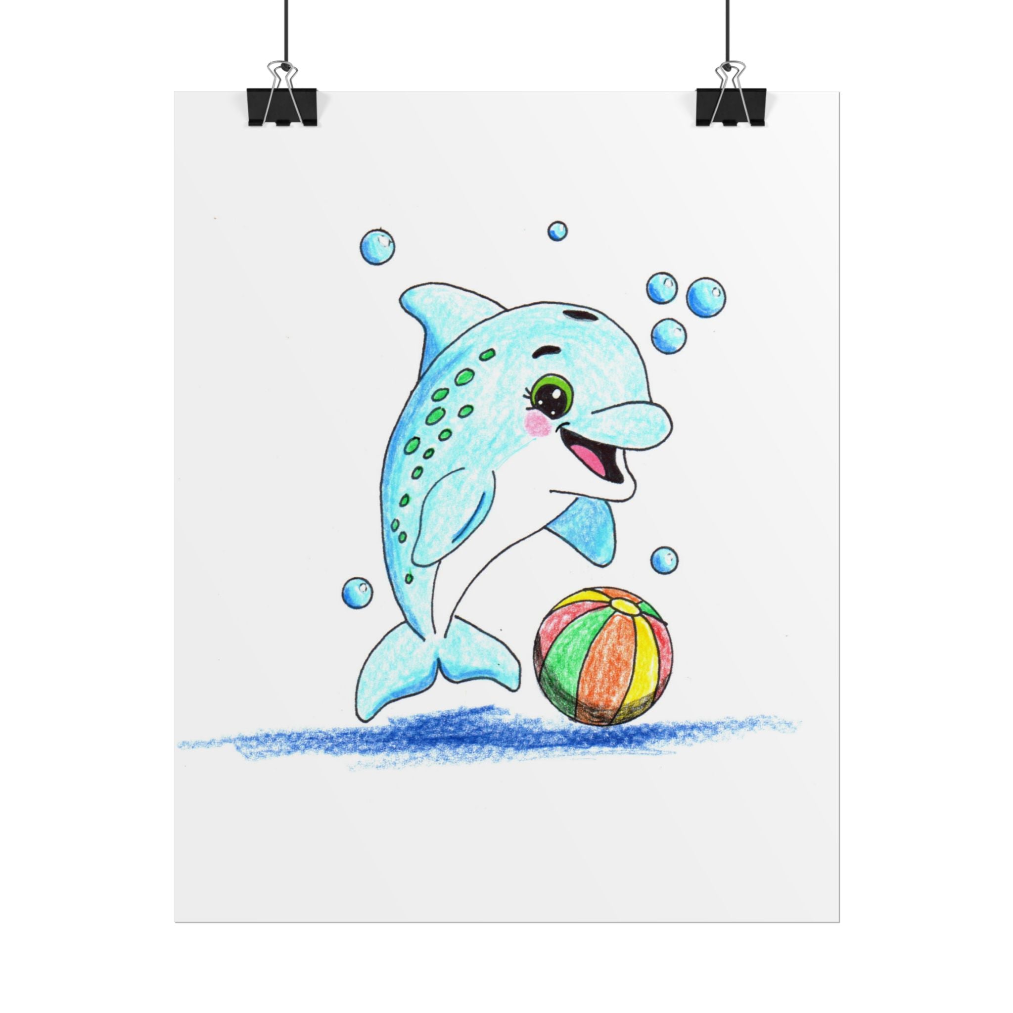 Happy Dolphin Found Her Beach Ball Print, Hand Drawn Dolphin Wall Art