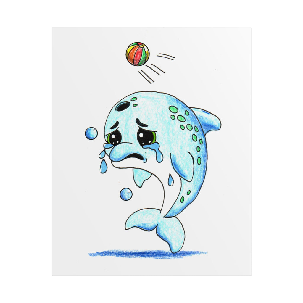 Sad Dolphin Lost Her Beach Ball Print, Hand Drawn Dolphin Wall Art, Ocean Nursery Decor, Cute Sea Animal Illustration