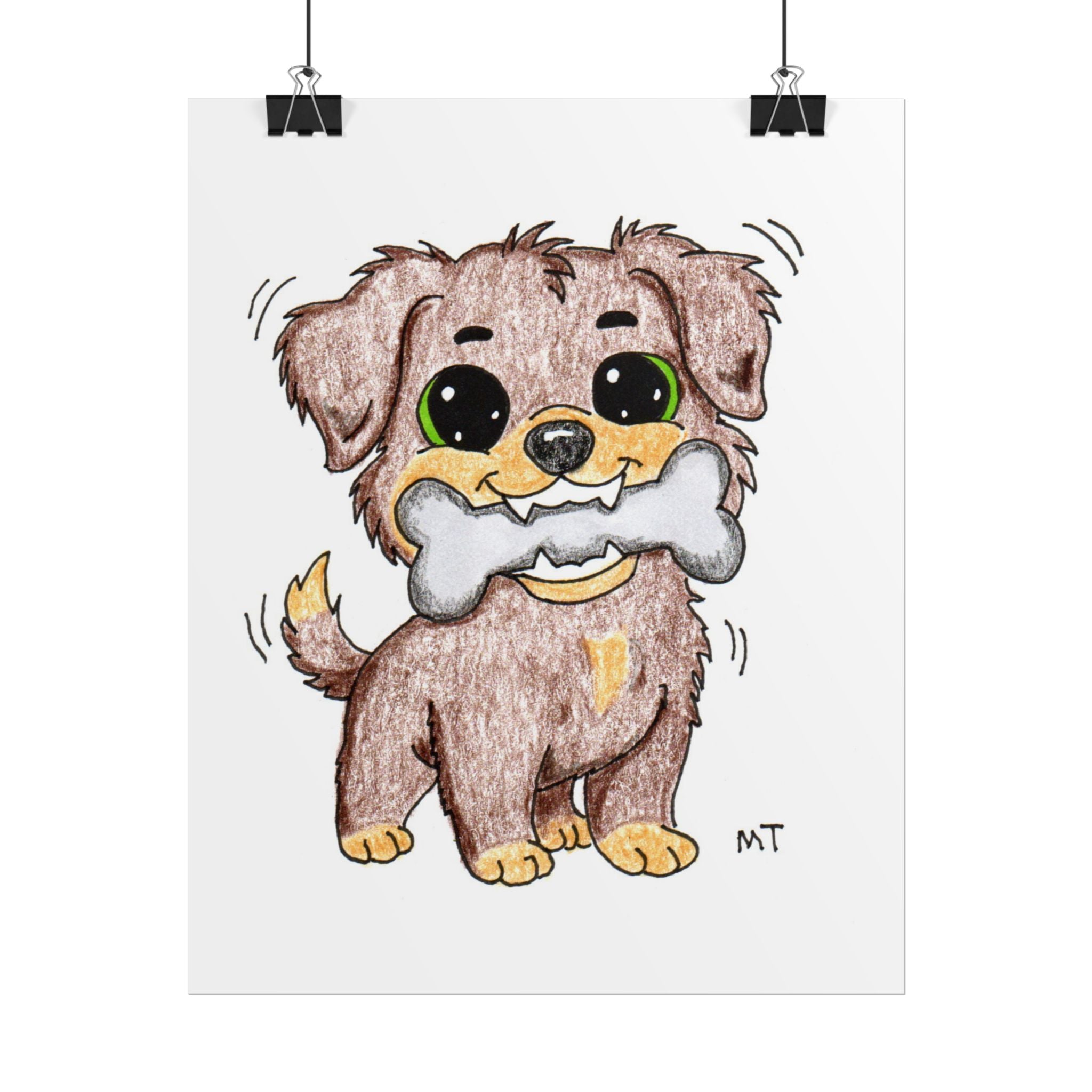 Happy Puppy Found Bone Wall Art Print, Hand Drawn Dog Illustration