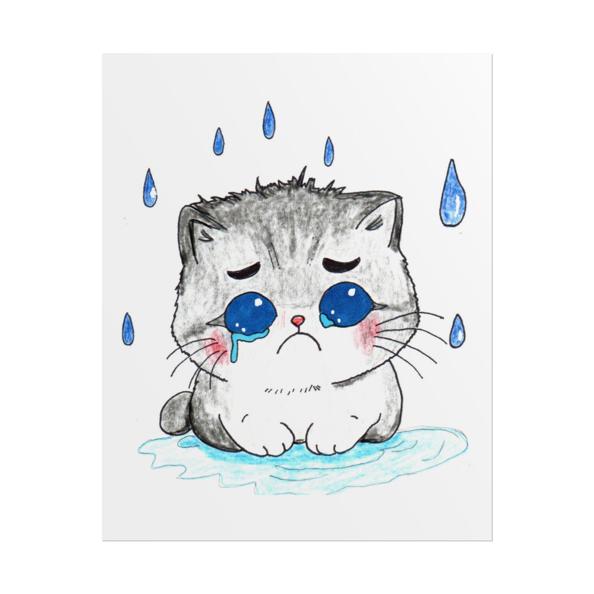 Blue Eyed Kitten in Rain Print, Hand Drawn Cat Wall Art, Sad Kitten Illustration, Nursery Decor, Cat Lover Gift