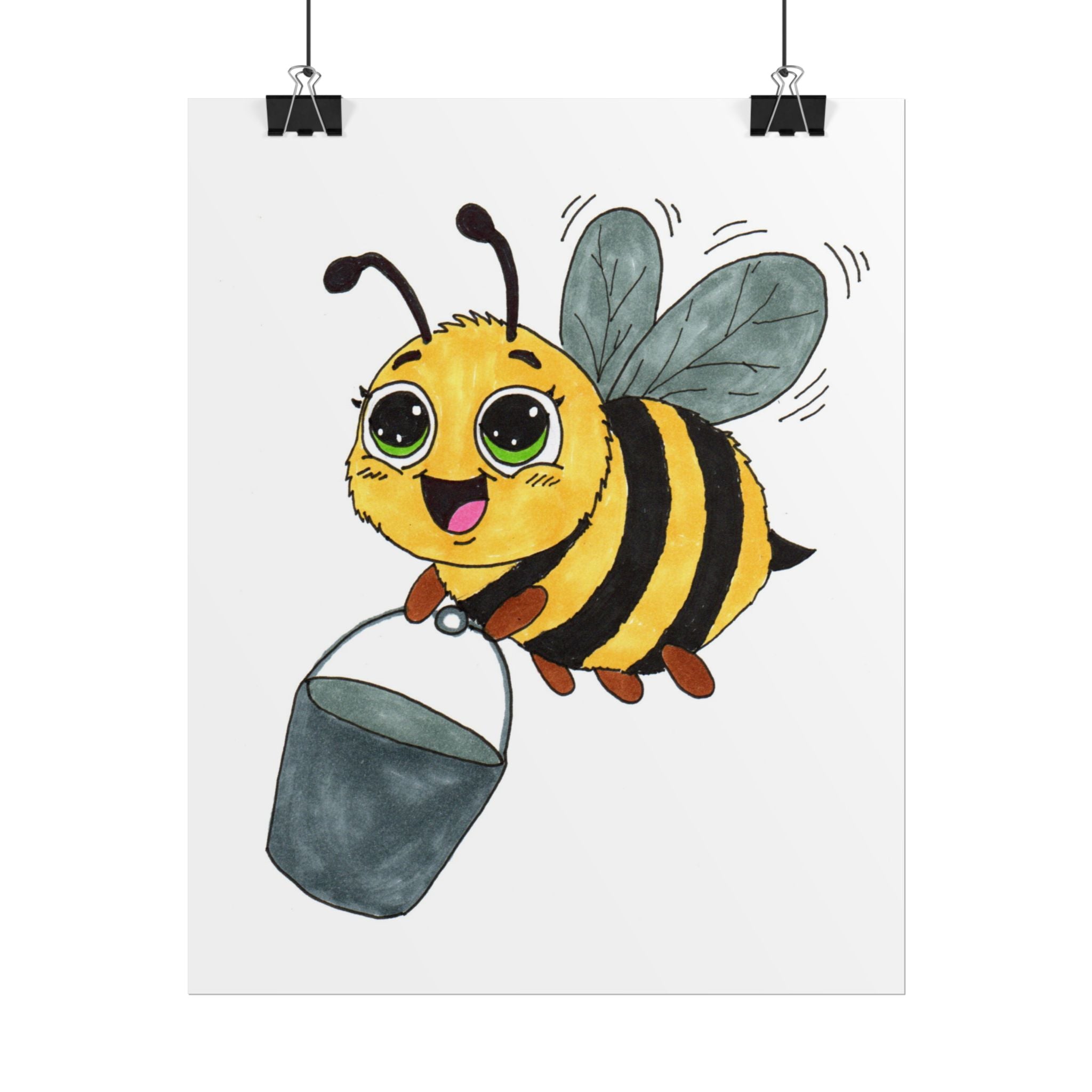 Bee Found Her Bucket Print, Hand Drawn Bee Illustration, Whimsical Insect Decor, Nursery Art, Lost and Found Critters