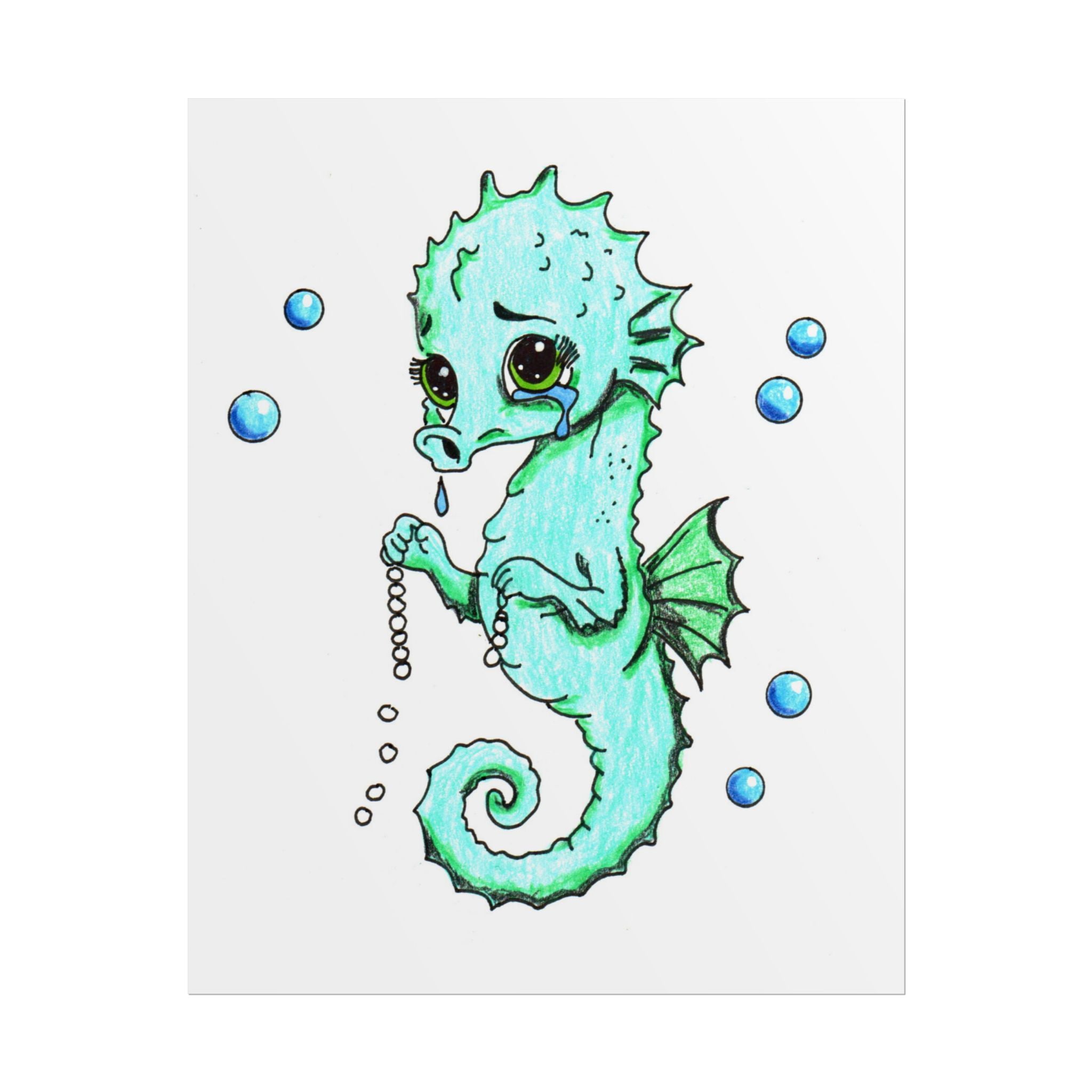 Lost Something Precious? Sad Seahorse Pearl Necklace Art Print | Cute Seahorse Gift