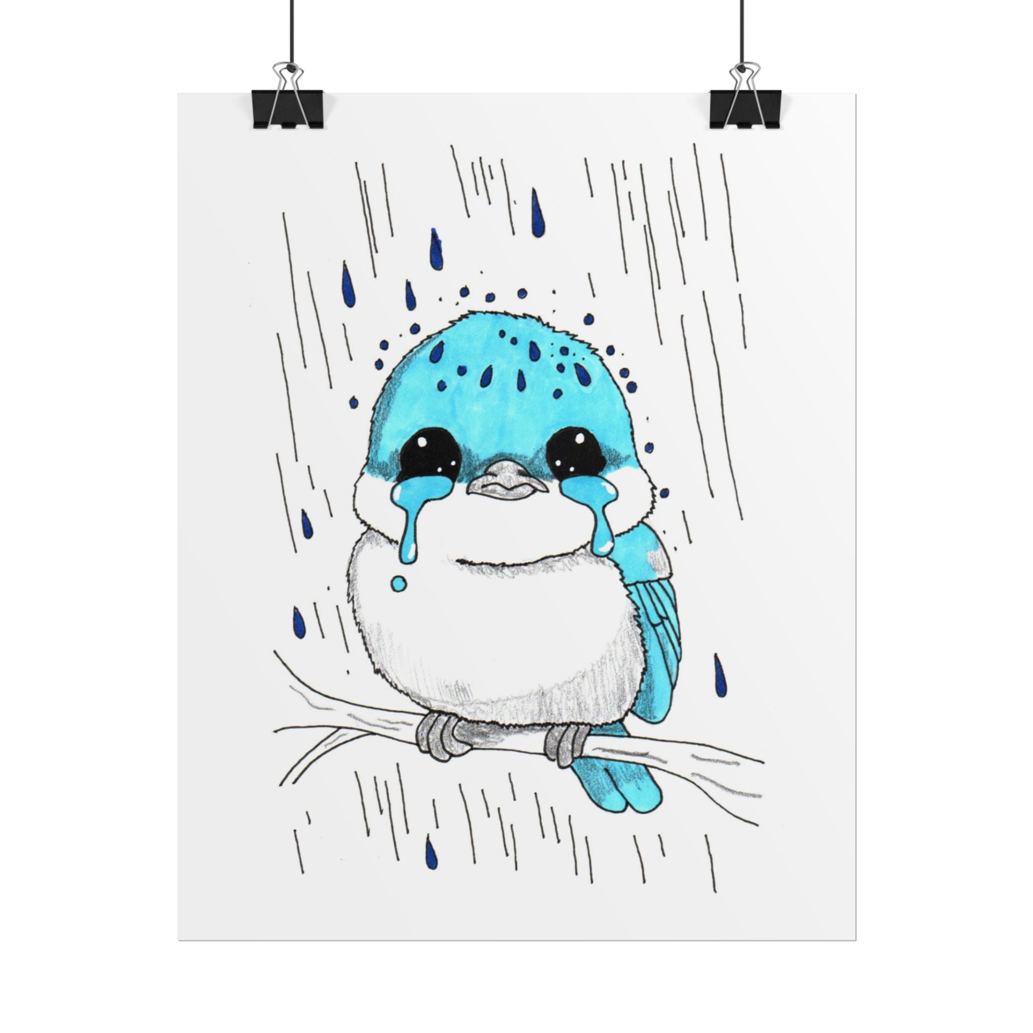 Sad Bluebird in the Rain Poster, Nursery Wall Art, Cute Animal Illustration Print