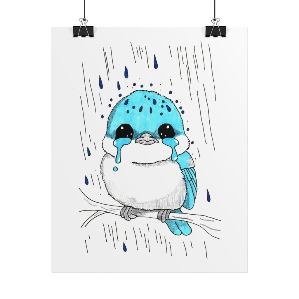Sad Bluebird in the Rain Poster, Nursery Wall Art, Cute Animal Illustration Print