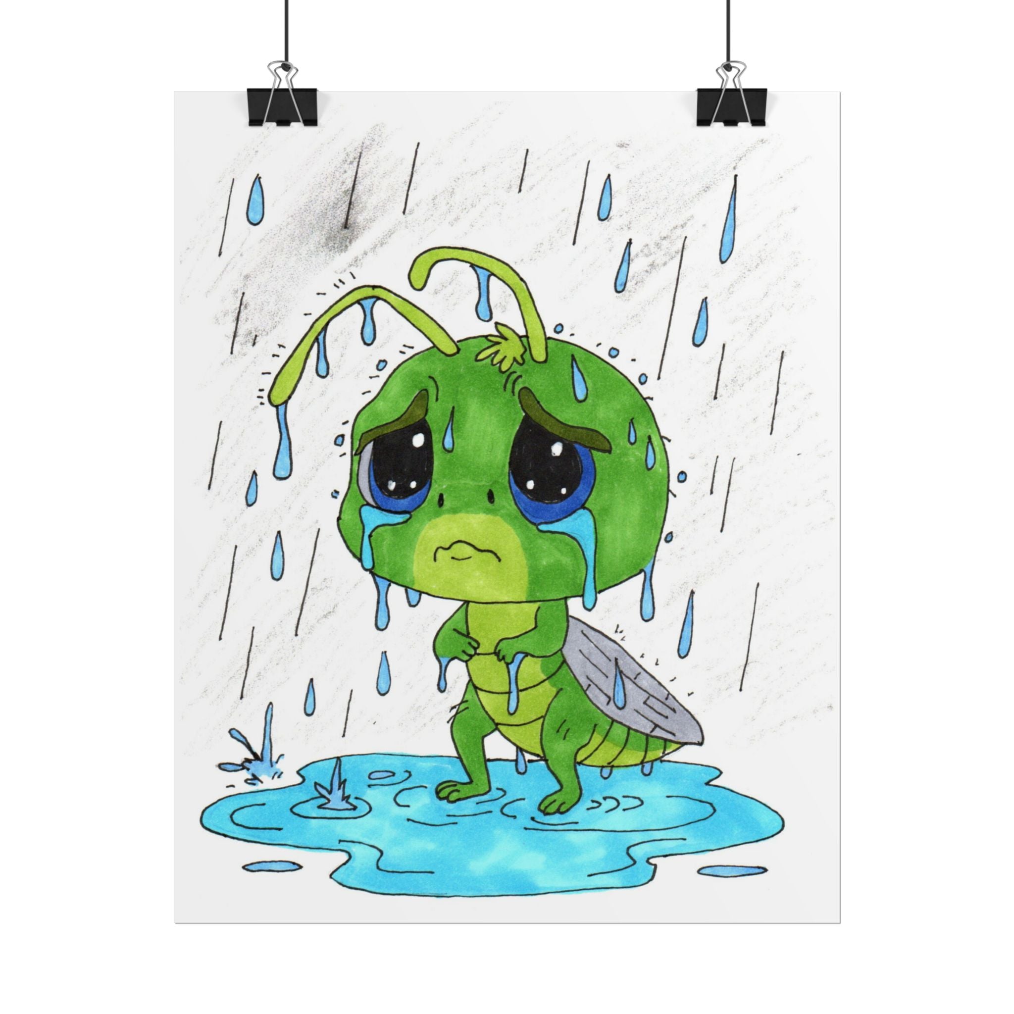 Sad Grasshopper Rain Print | Hand Drawn Nature Wall Art | Emotional Insect Illustration | Whimsical Woodland Decor | 8x10 Art Print | 8 X 10