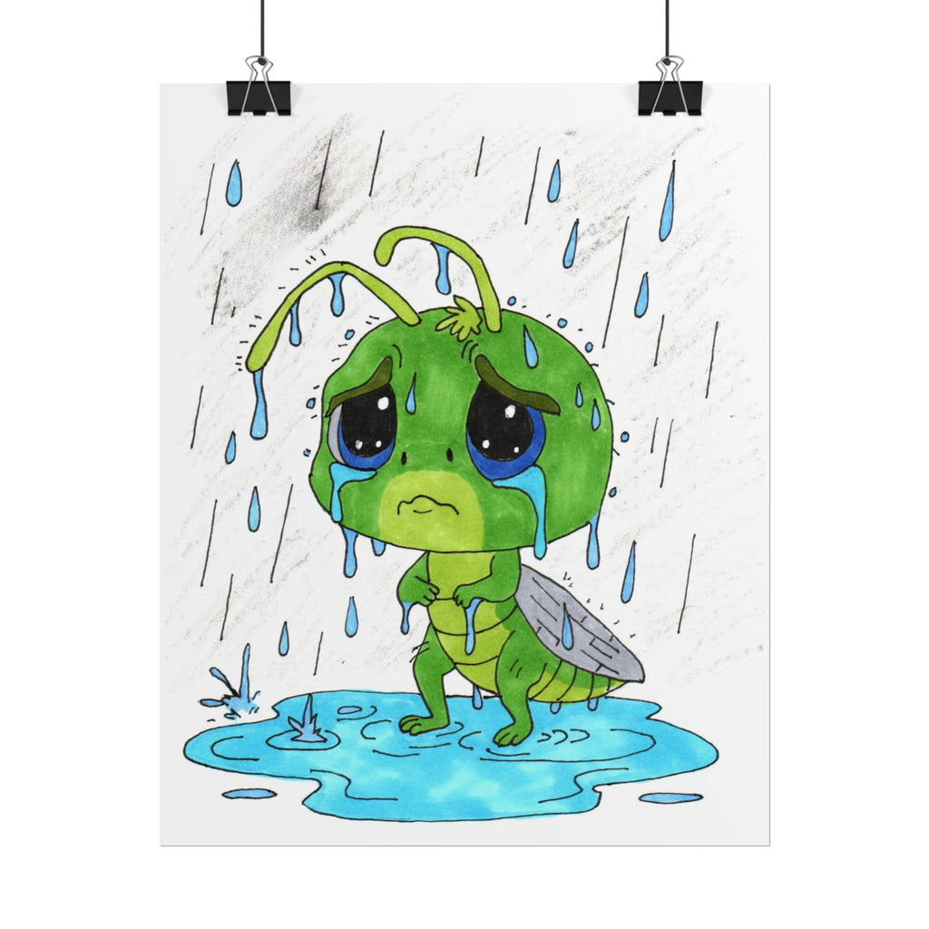 Sad Grasshopper Rain Print | Hand Drawn Nature Wall Art | Emotional Insect Illustration | Whimsical Woodland Decor | 8x10 Art Print | 8 X 10