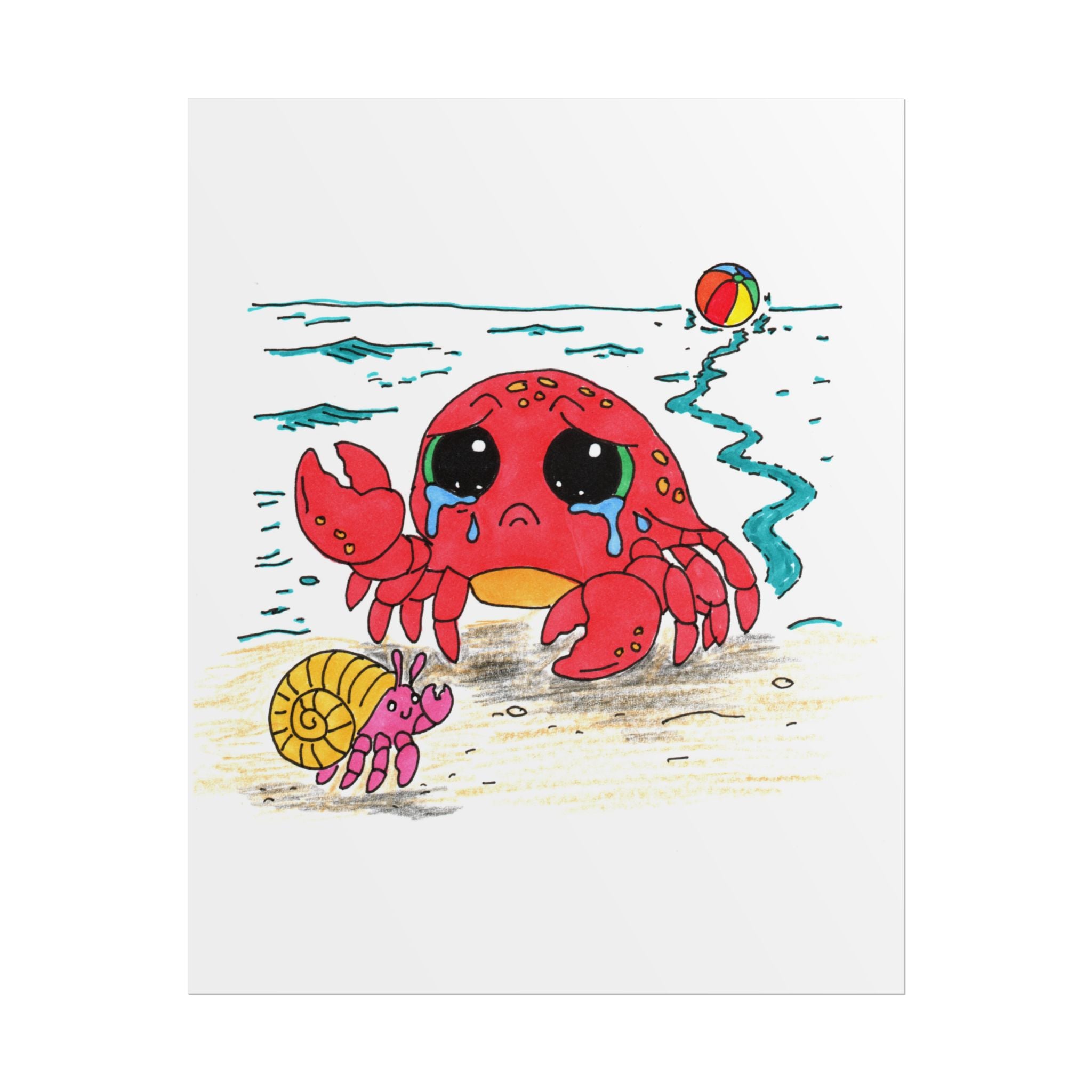 Crab - Sad Crab Finds a New Friend Print, Hand Drawn Crab Wall Art, Beach Friendship Decor, Whimsical Ocean Animal Illustration