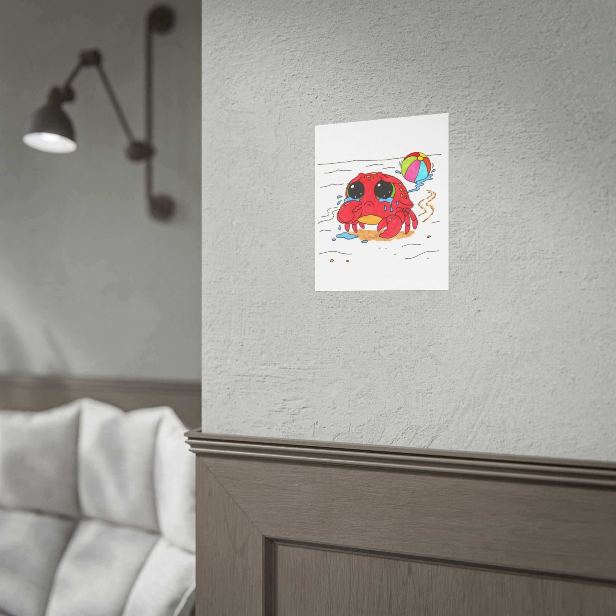Crab - Sad Crab Lost Her Ball Print, Hand Drawn Crab Wall Art, Whimsical Nursery Decor, Woodland Animal Illustration
