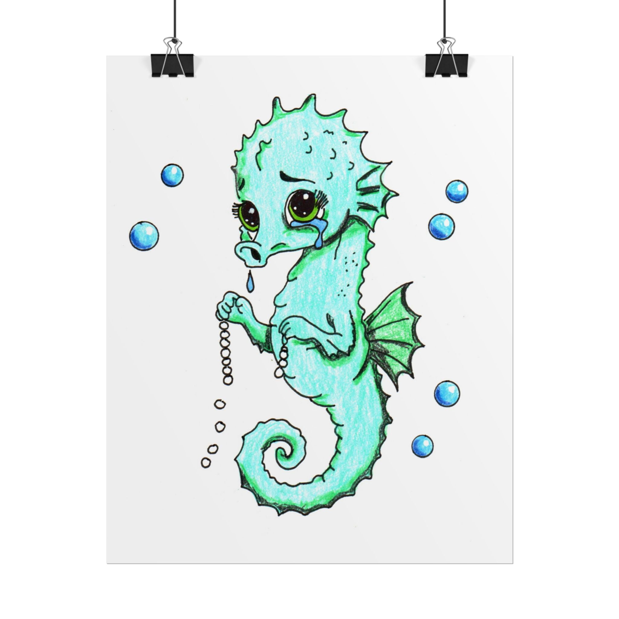 Lost Something Precious? Sad Seahorse Pearl Necklace Art Print | Cute Seahorse Gift