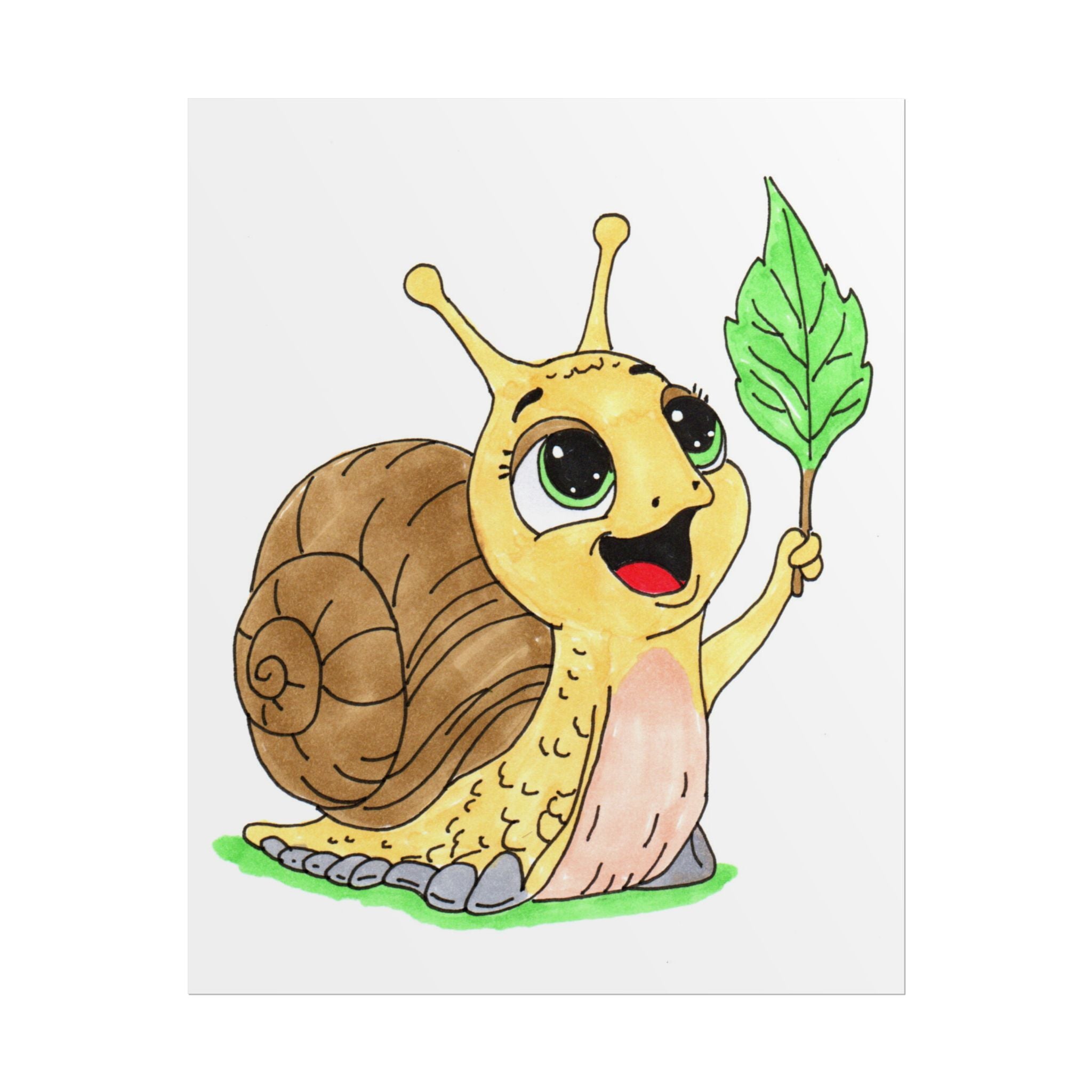 Happy Snail Found Her Leaf Print, Hand Drawn Snail Wall Art, Cute Garden Decor, Whimsical Nature Illustration, Lost & Found Critter