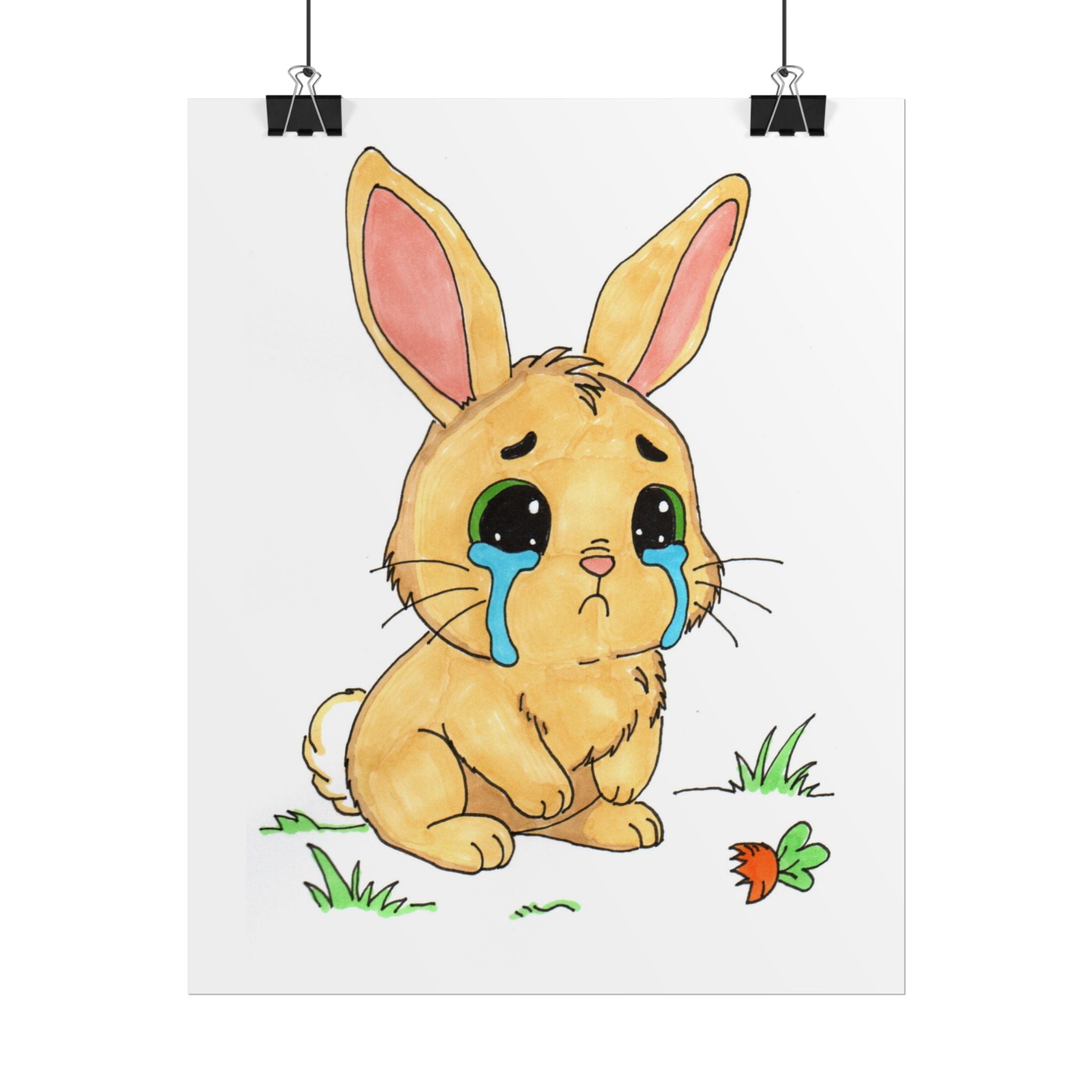 Sad Rabbit ate her last carrot, Poster, Nursery Wall Art, Cute Animal Illustration Print