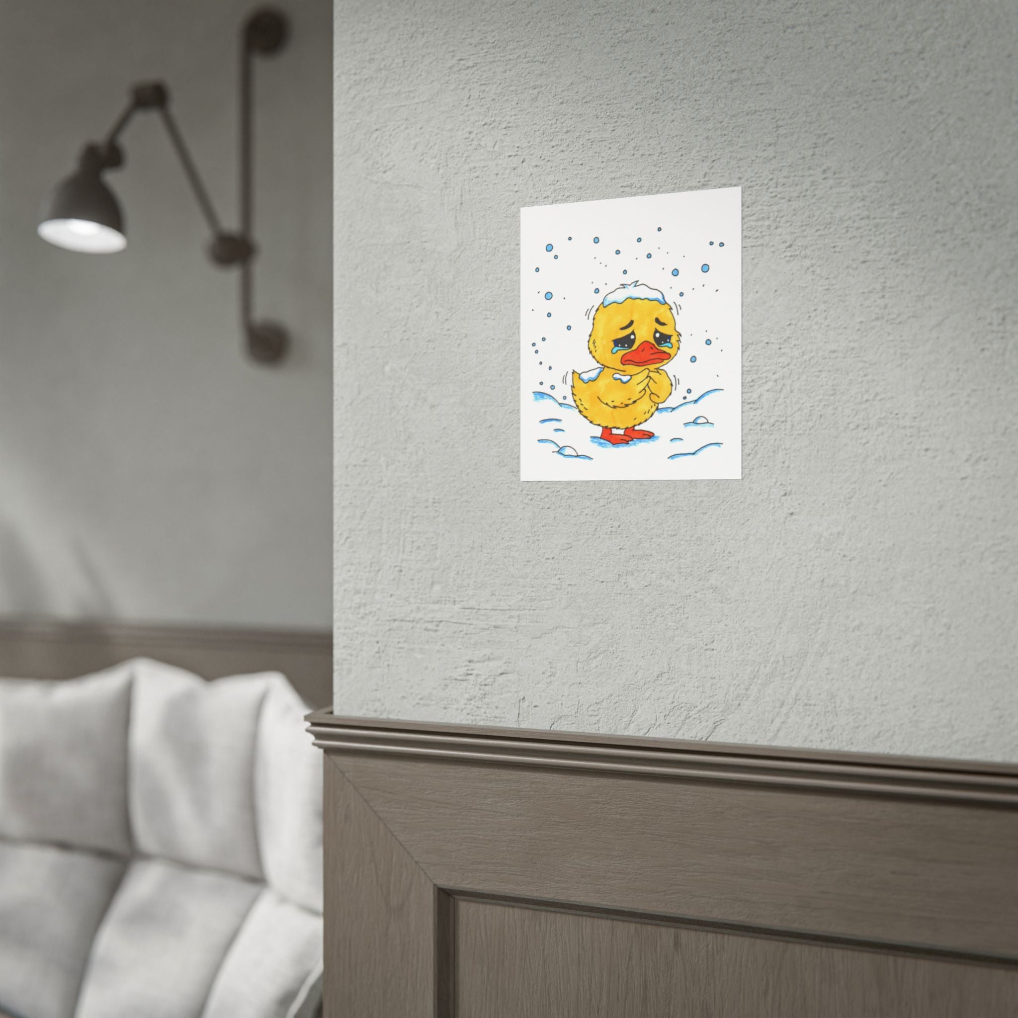 Cold Duckling in the Snow Print, Sad Winter Duck Wall Art, Hand Drawn Nursery Decor, Whimsical Animal Illustration