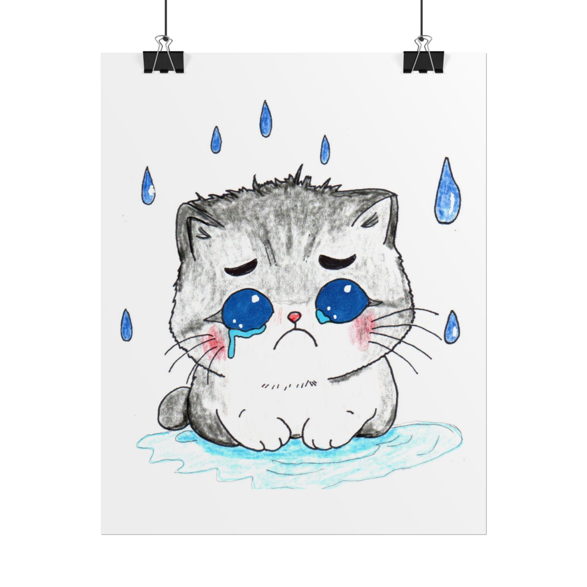 Blue Eyed Kitten in Rain Print, Hand Drawn Cat Wall Art, Sad Kitten Illustration, Nursery Decor, Cat Lover Gift