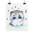 Blue Eyed Kitten in Rain Print, Hand Drawn Cat Wall Art, Sad Kitten Illustration, Nursery Decor, Cat Lover Gift