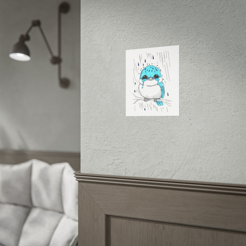 Sad Bluebird in the Rain Poster, Nursery Wall Art, Cute Animal Illustration Print