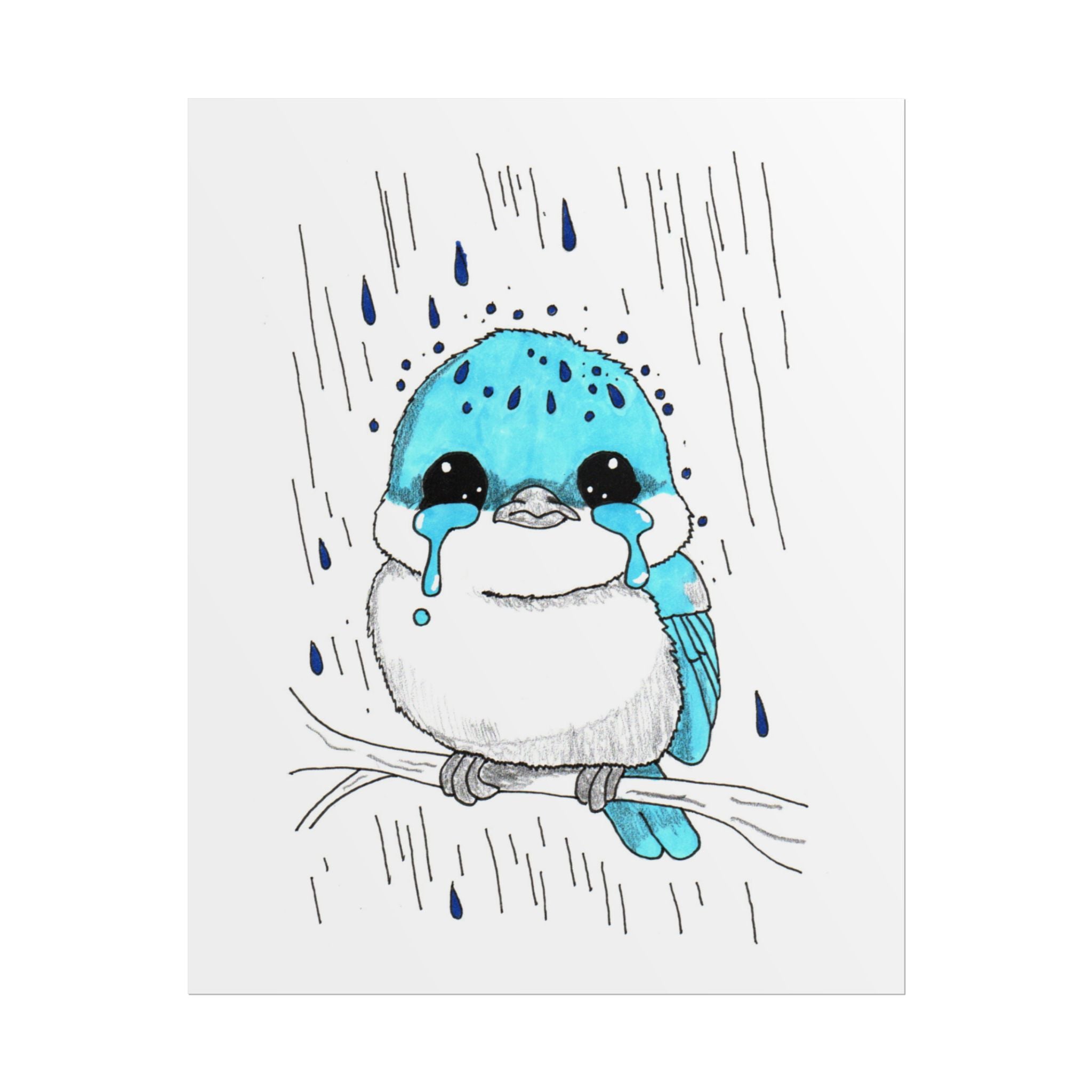 Sad Bluebird in the Rain Poster, Nursery Wall Art, Cute Animal Illustration Print