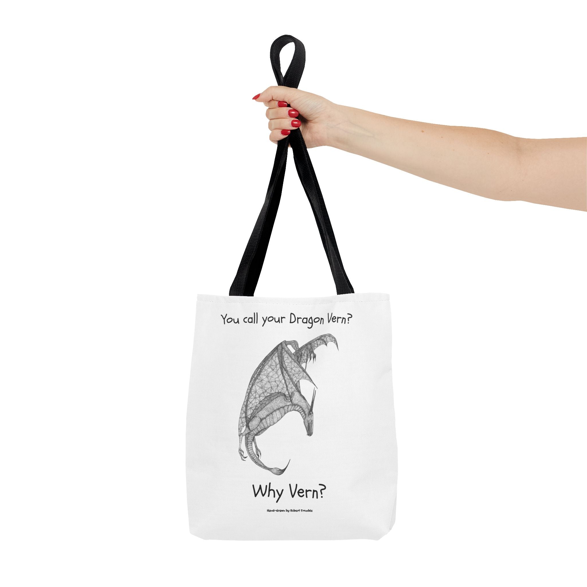 Wyvern Tote Bag | “You Call Your Dragon Vern?” | Hand-Drawn Fantasy Art by Robert Trumble | Reusable Cotton Bag for Dragon Fans