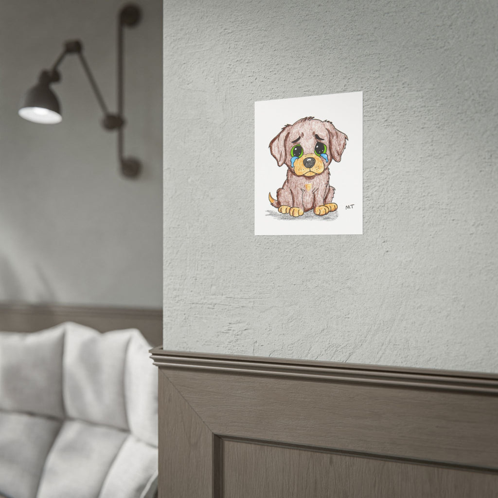 Sad Puppy Wall Art Print, Hand Drawn Dog Illustration, Lost Bone Puppy, Nursery Decor, Kids Room Art