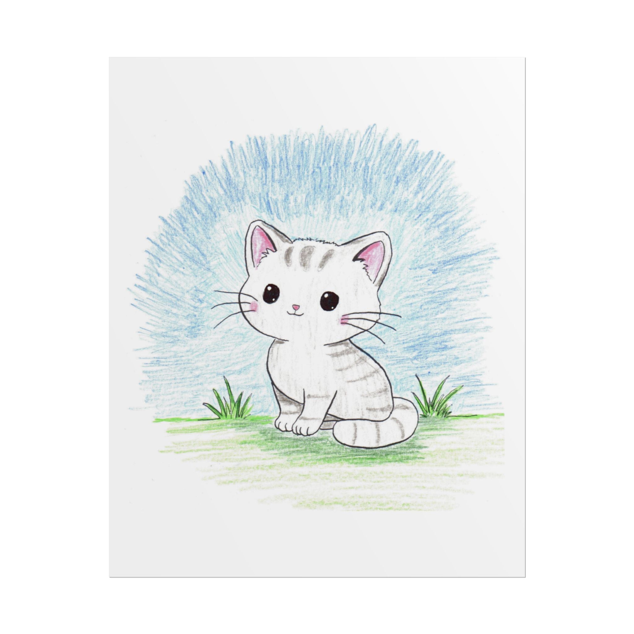 Cute Sitting Kitten Print, Hand Drawn Cat Wall Art, Nursery Decor, Whimsical Kitty Illustration