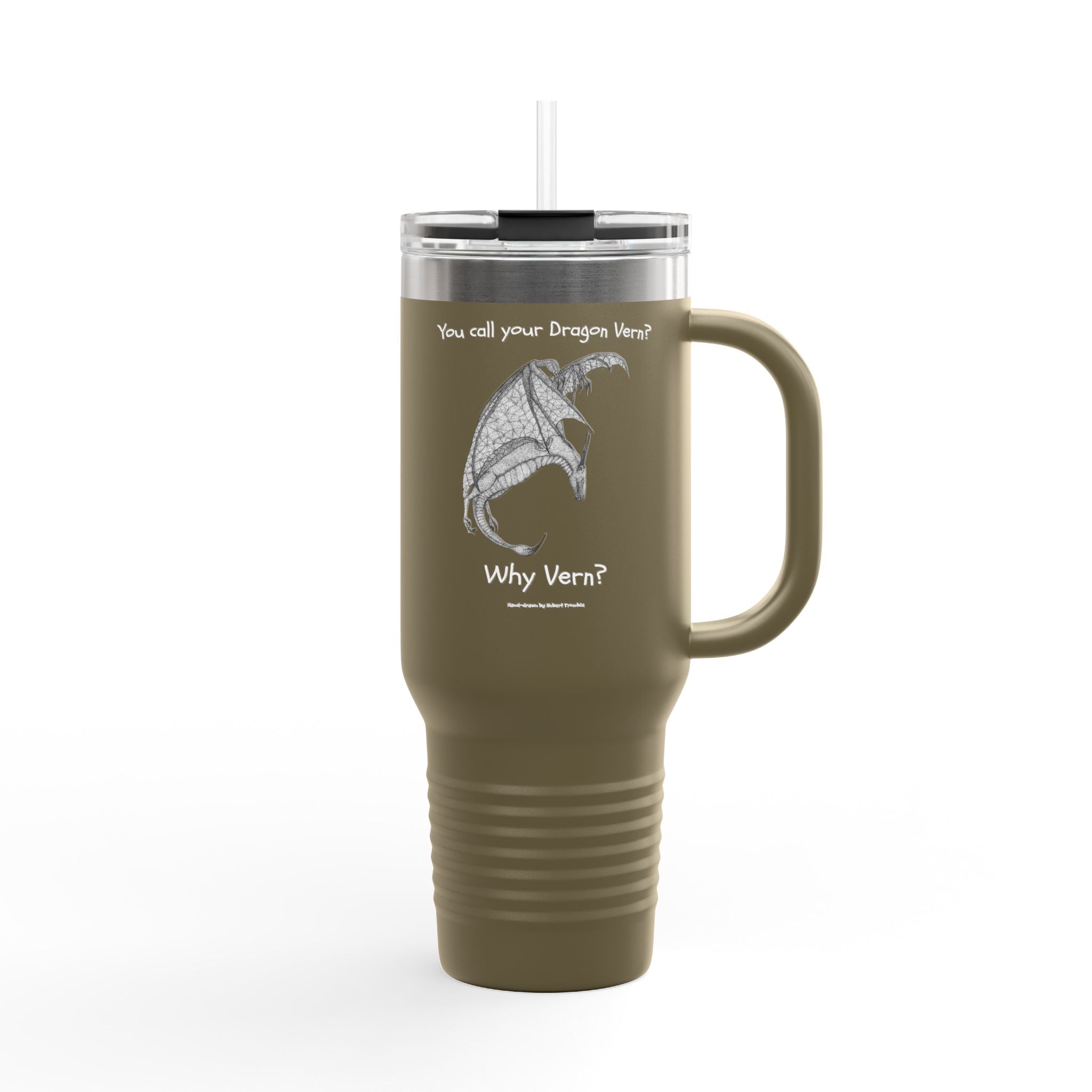 Wyvern Travel Mug | “You Call Your Dragon Vern?” | Hand-Drawn Fantasy Art by Robert Trumble