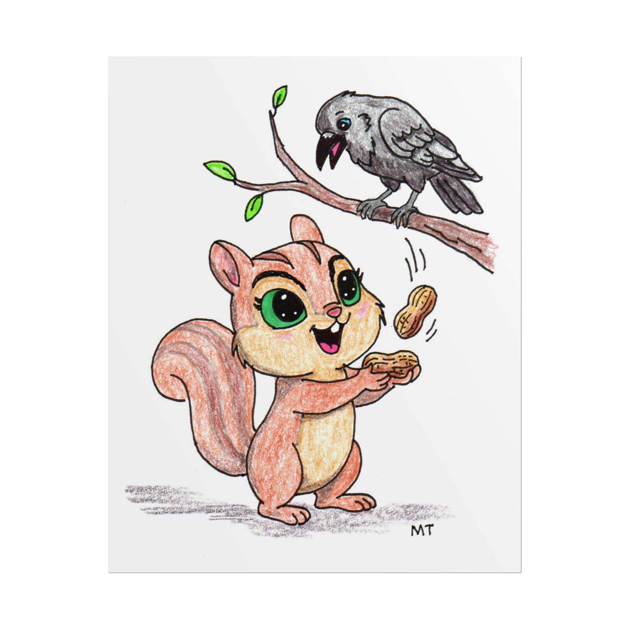 Happy Chipmunk and Crow Peanut Print | Woodland Animal Wall Art
