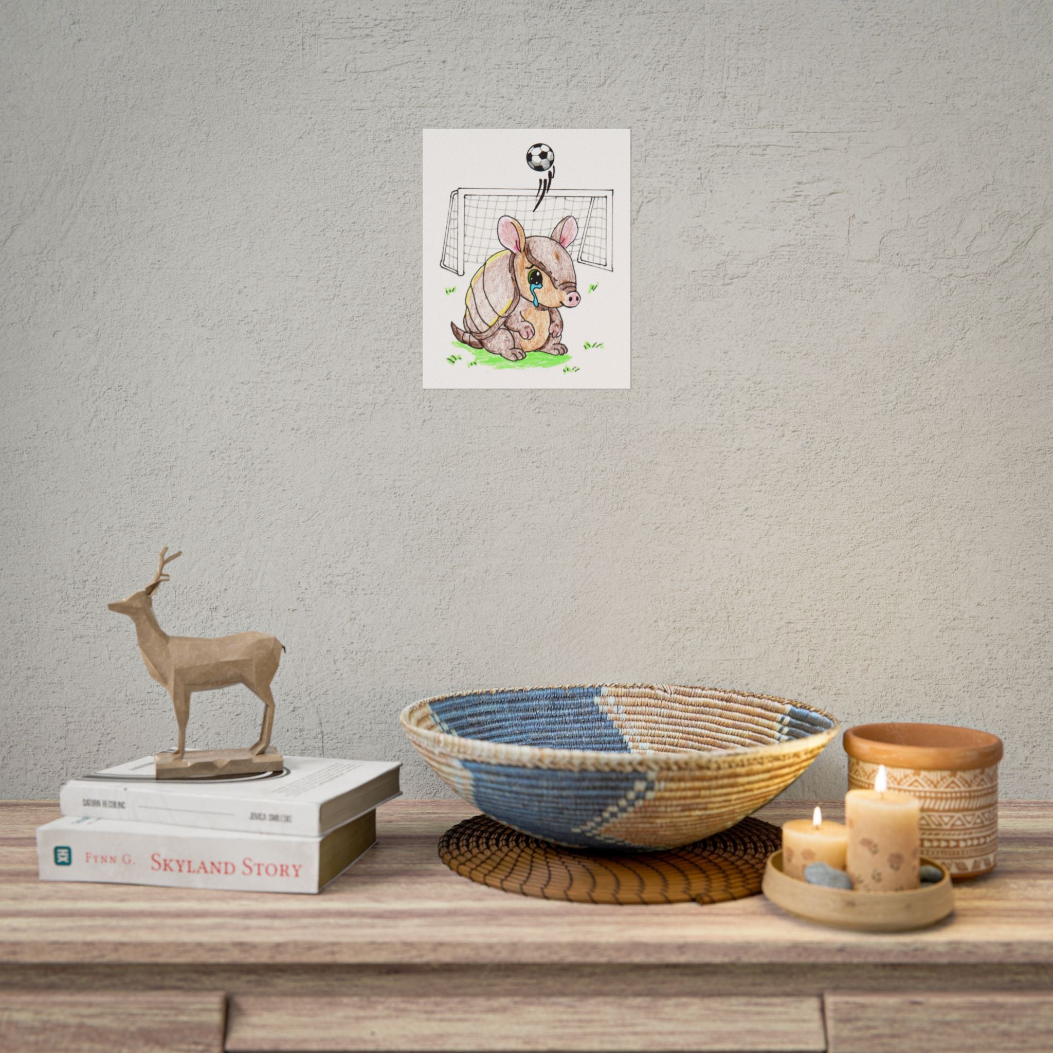 Sad Armadillo Soccer Print, Hand Drawn Lost and Found Critter Wall Art,
