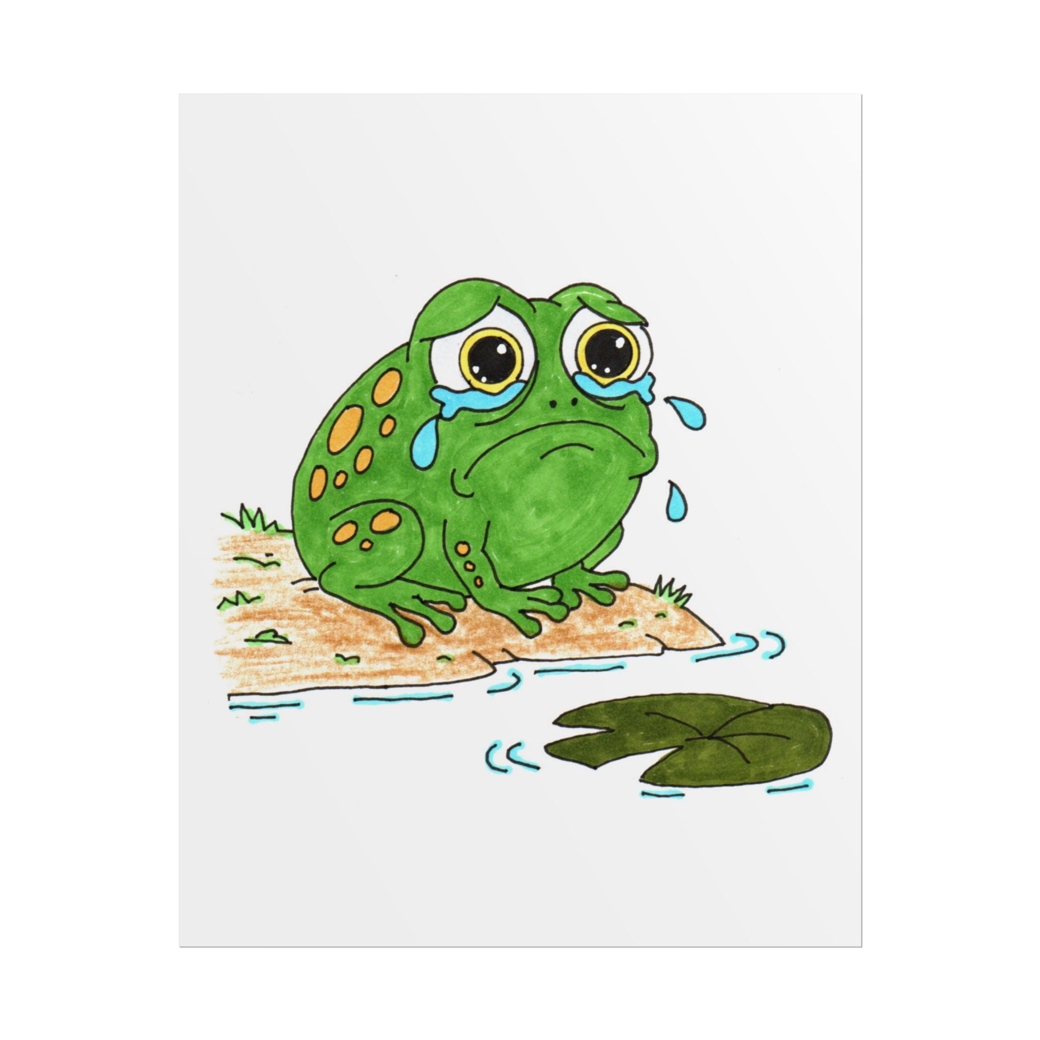 Lilly Pad Lost Frog Sad Wall Art - Hand Colored Sad Frog Illustration - Pond Animal Print - Nursery Decor - 8x10 Art Print